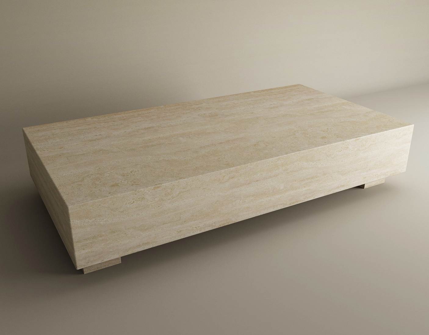 The TRAVERTABLE Rectangular Travertine Coffee Table with Hidden Base features light beige natural stone and subtle veining. With sharp edges, short block-style legs, and a minimalist design, it offers customizable, balanced modern style for any space.