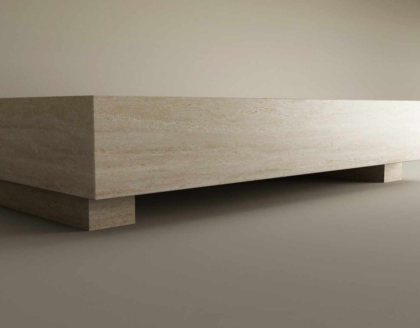 The TRAVERTABLE Rectangular Travertine Coffee Table features a minimalist, modern design with clean lines, a hidden base, and subtle beige stone texture—customizable for your space and perfect for contemporary interiors.