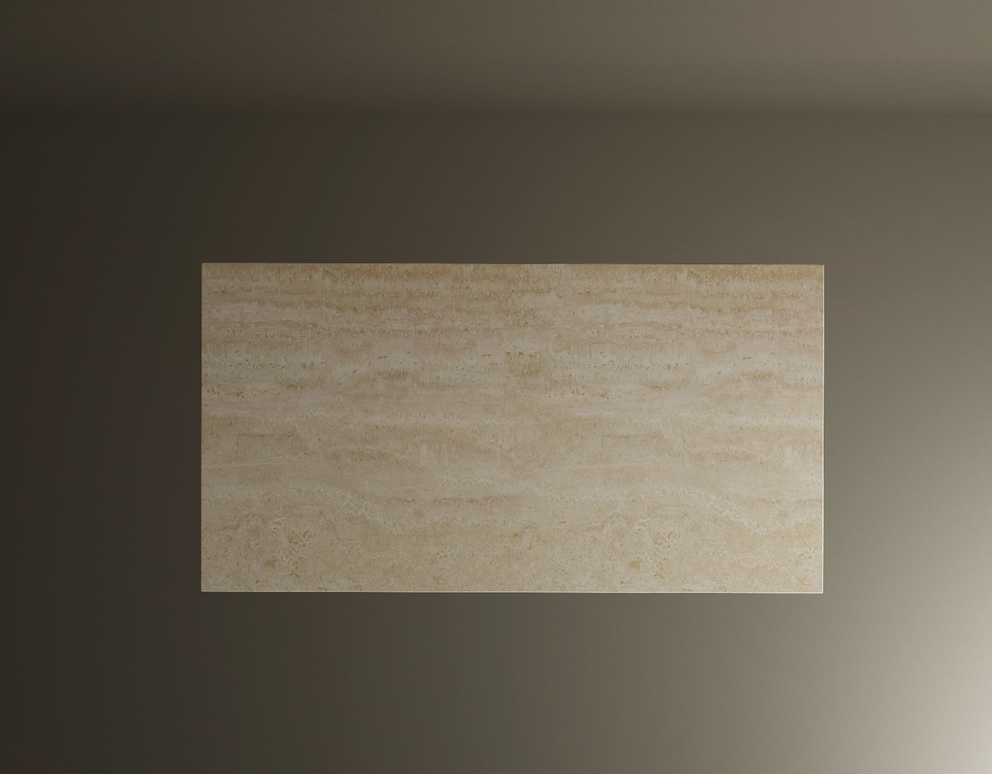The TRAVERTABLE Rectangular Travertine Coffee Table features beige natural stone with subtle brown and cream striations. Set on a hidden base, its softly lit surface highlights the unique texture for a balanced modern look.