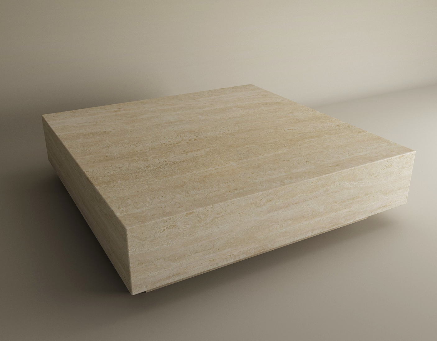 The TRAVERTABLE Square Travertine Coffee Table with Hidden Base features smooth surfaces and subtle striations, exemplifying understated elegance and modern minimalism in any softly-lit, neutral-toned room. Customizable design; nothing atop the table.