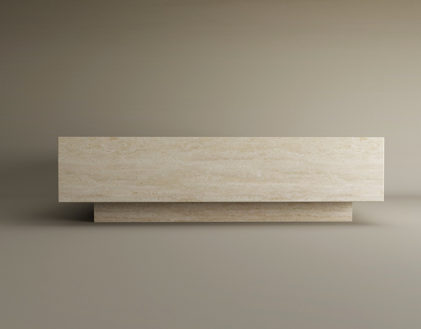 The TRAVERTABLE Square Travertine Coffee Table with Hidden Base features subtle natural patterns and hand-finished edges, offering customizable minimalist elegance and a solid, modern design against a light tan backdrop.