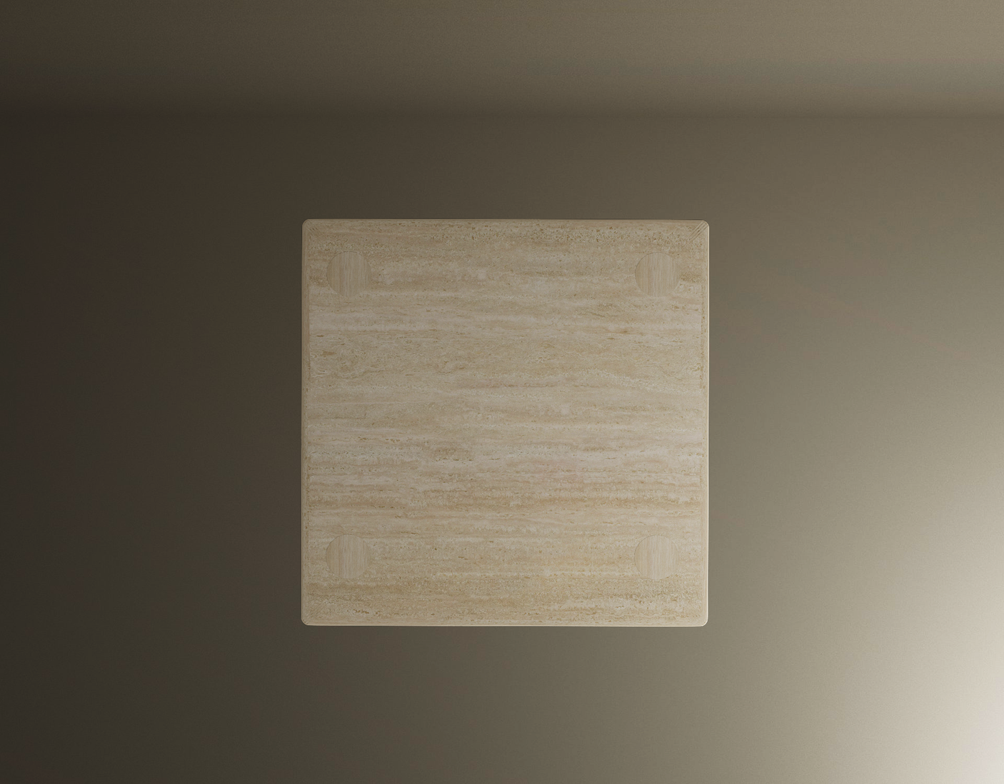Seen from above, the TRAVERTABLE Square Travertine Coffee Table with Hidden Base showcases a light beige finish and subtle striations against a neutral background. Four faint circles at the corners enhance its minimalist, understated elegance.
