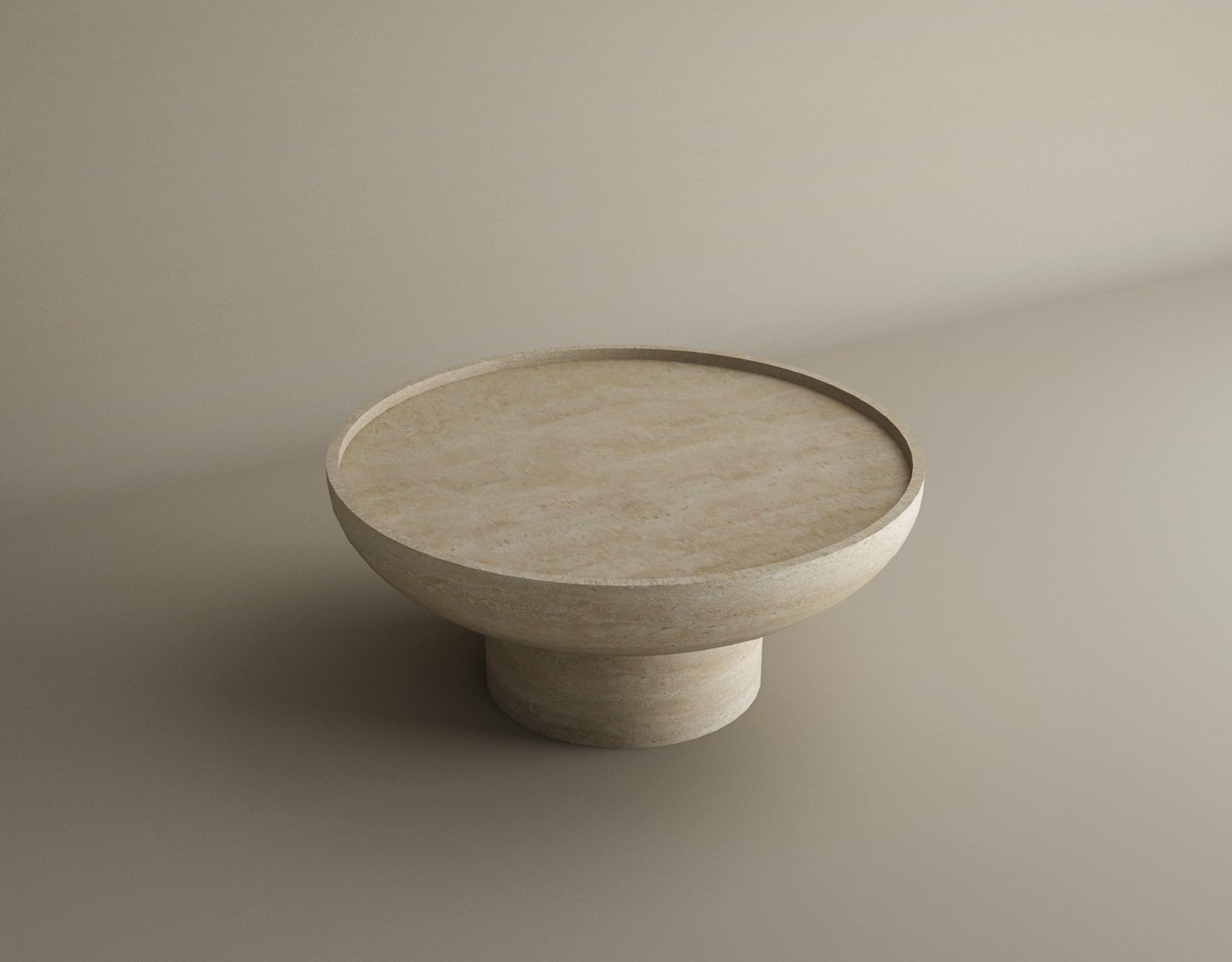 The TRAVERTABLE Round Travertine Coffee Table features a wide, flat top and a solid cylindrical base in pure beige travertine stone. Its minimalist, modern design is customizable—perfect for contemporary living spaces.