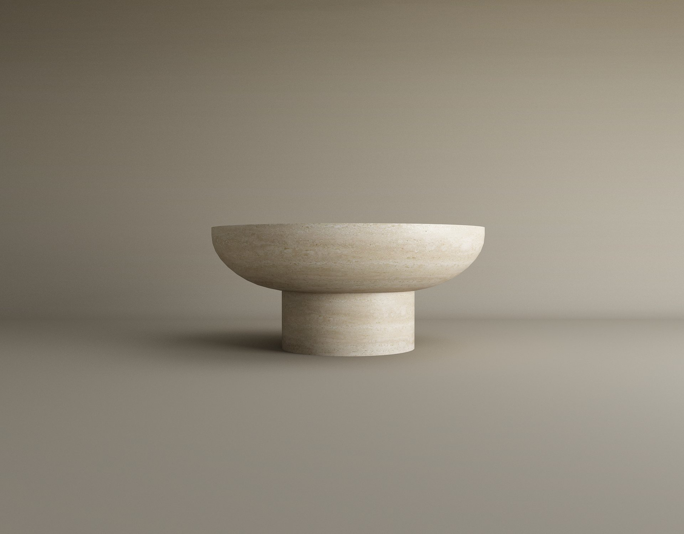 The TRAVERTABLE Round Travertine Coffee Table features a beige, stone-textured top and solid cylindrical base, blending elegance and minimalism. Crafted from pure travertine stone, this customizable table suits modern living spaces.