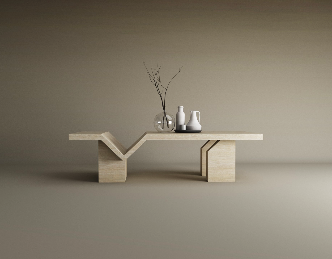 The TRAVERTABLE Architectural Travertine Coffee Table features a sculptural base and timeless natural stone. Displayed with three minimalist vases—two white, one clear glass with bare branches—its beige gradient background highlights its organic elegance.