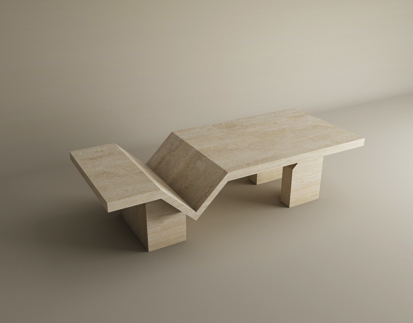 The TRAVERTABLE Architectural Travertine Coffee Table showcases timeless beige natural stone in a modern geometric design with sculptural, uneven surfaces and three blocky legs. Customizable for your space.