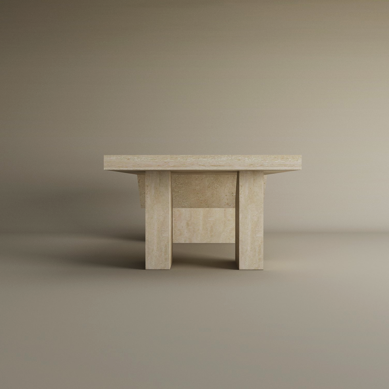 The TRAVERTABLE Architectural Travertine Coffee Table features a sculptural base and thick rectangular top in timeless natural stone, with a minimalist geometric design. Customizable and set against a gradient beige background.