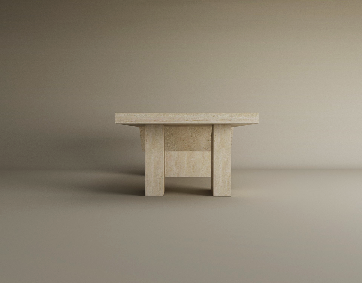 The TRAVERTABLE Architectural Travertine Coffee Table features a sculptural base and thick rectangular top in timeless natural stone, with a minimalist geometric design. Customizable and set against a gradient beige background.