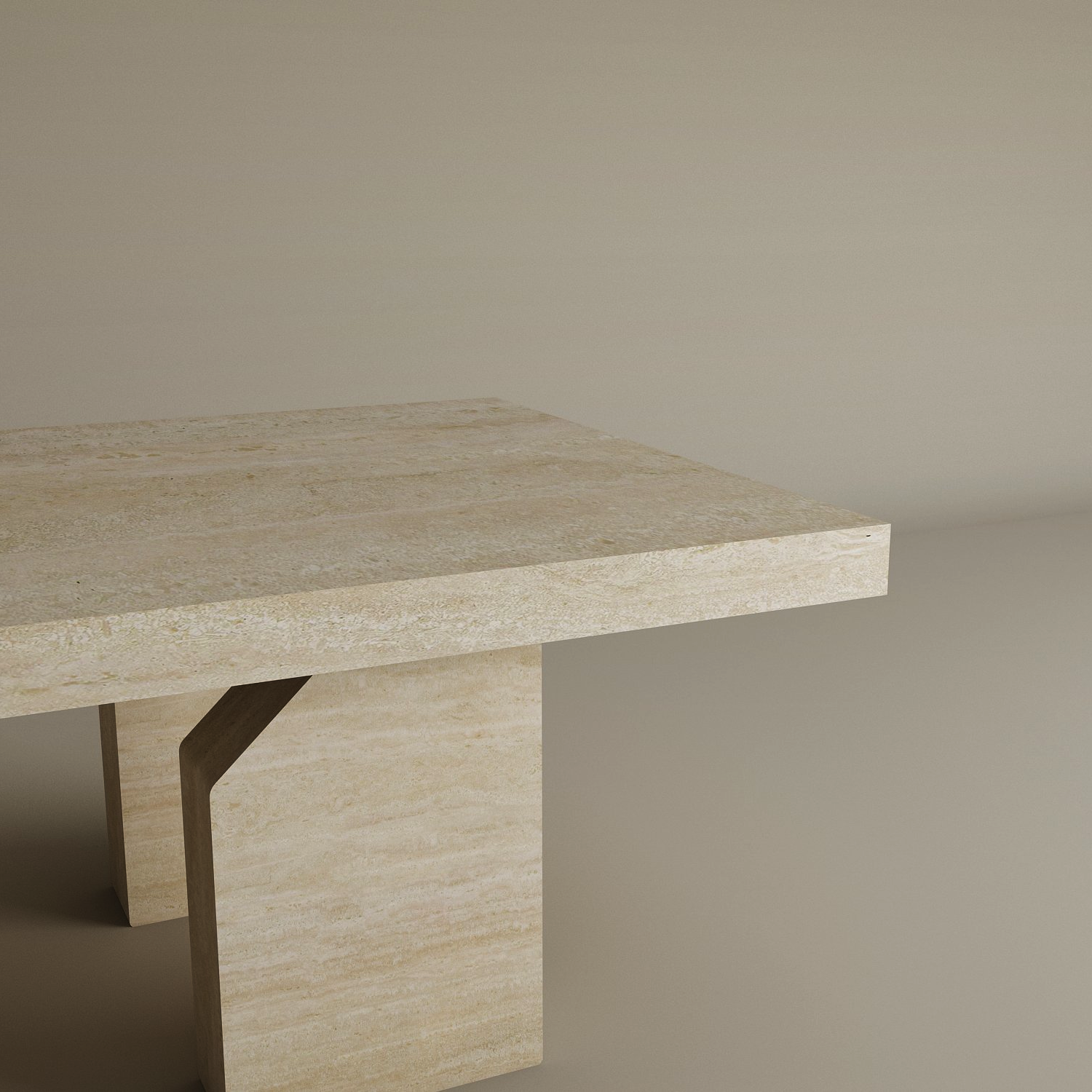 The TRAVERTABLE Architectural Travertine Coffee Table with a sculptural base and timeless natural stone sits against a light taupe background, its clean lines and organic design partially visible, highlighting customizable elegance.
