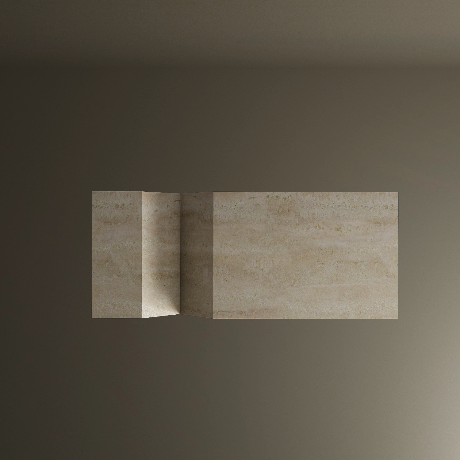 The TRAVERTABLE Architectural Travertine Coffee Table showcases timeless natural stone with a subtle grain, standing upright and folded at a right angle to form an open book shape, with light and shadow highlighting its sculptural customizable design.