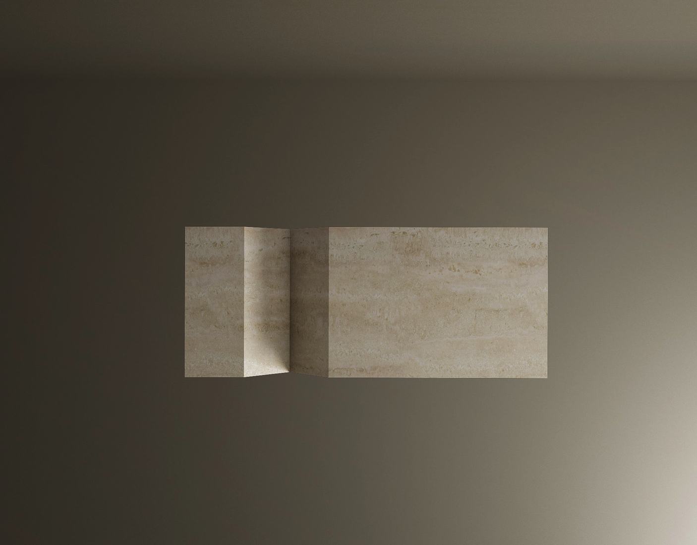 The TRAVERTABLE Architectural Travertine Coffee Table showcases timeless natural stone with a subtle grain, standing upright and folded at a right angle to form an open book shape, with light and shadow highlighting its sculptural customizable design.