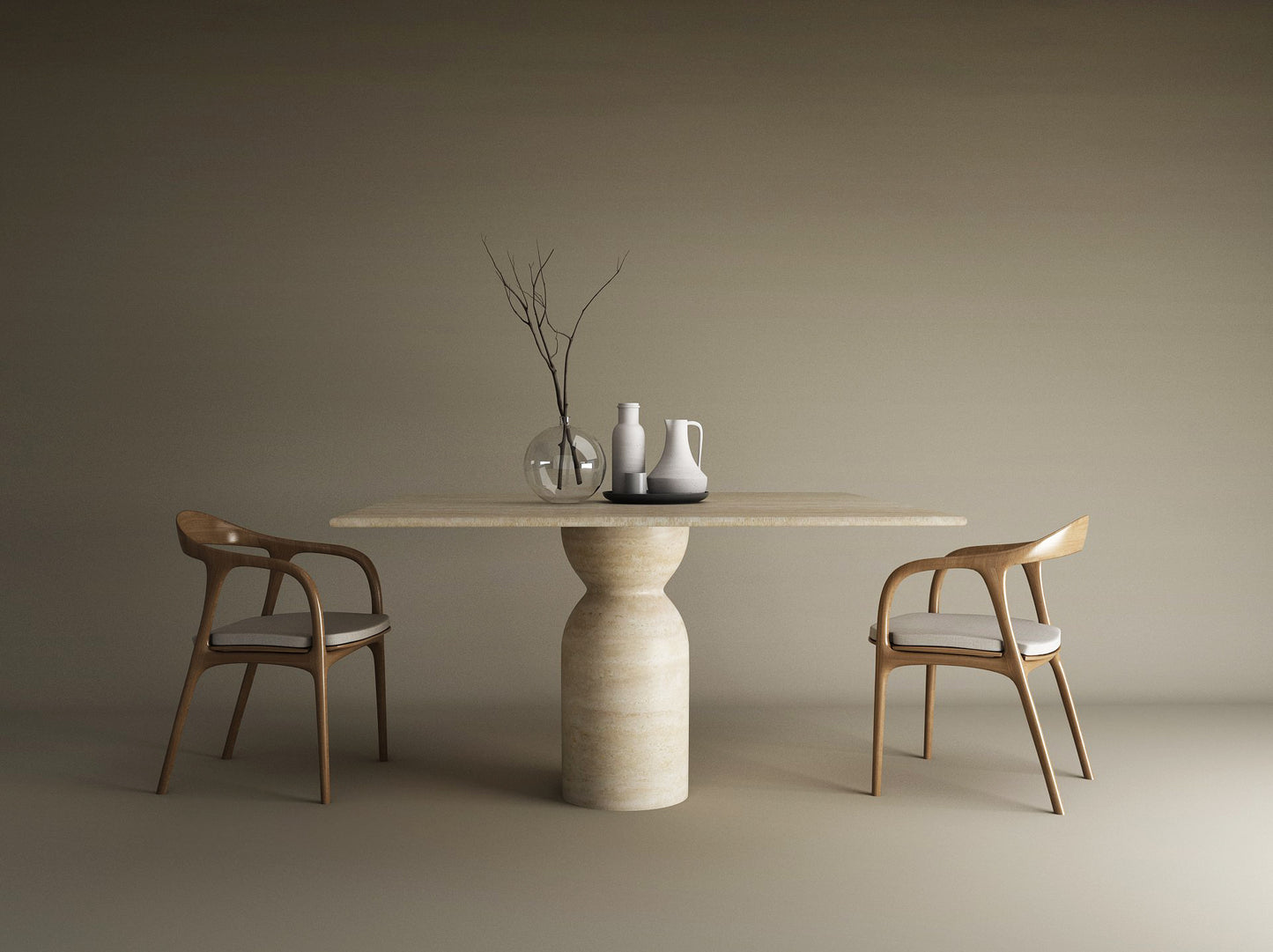 The Square Travertine Dining Table with Sculptural Round Center Base by TRAVERTABLE, featuring an organic stone form, is styled with vases and a pitcher. Two wooden chairs with white cushions flank this customizable table against a beige backdrop.