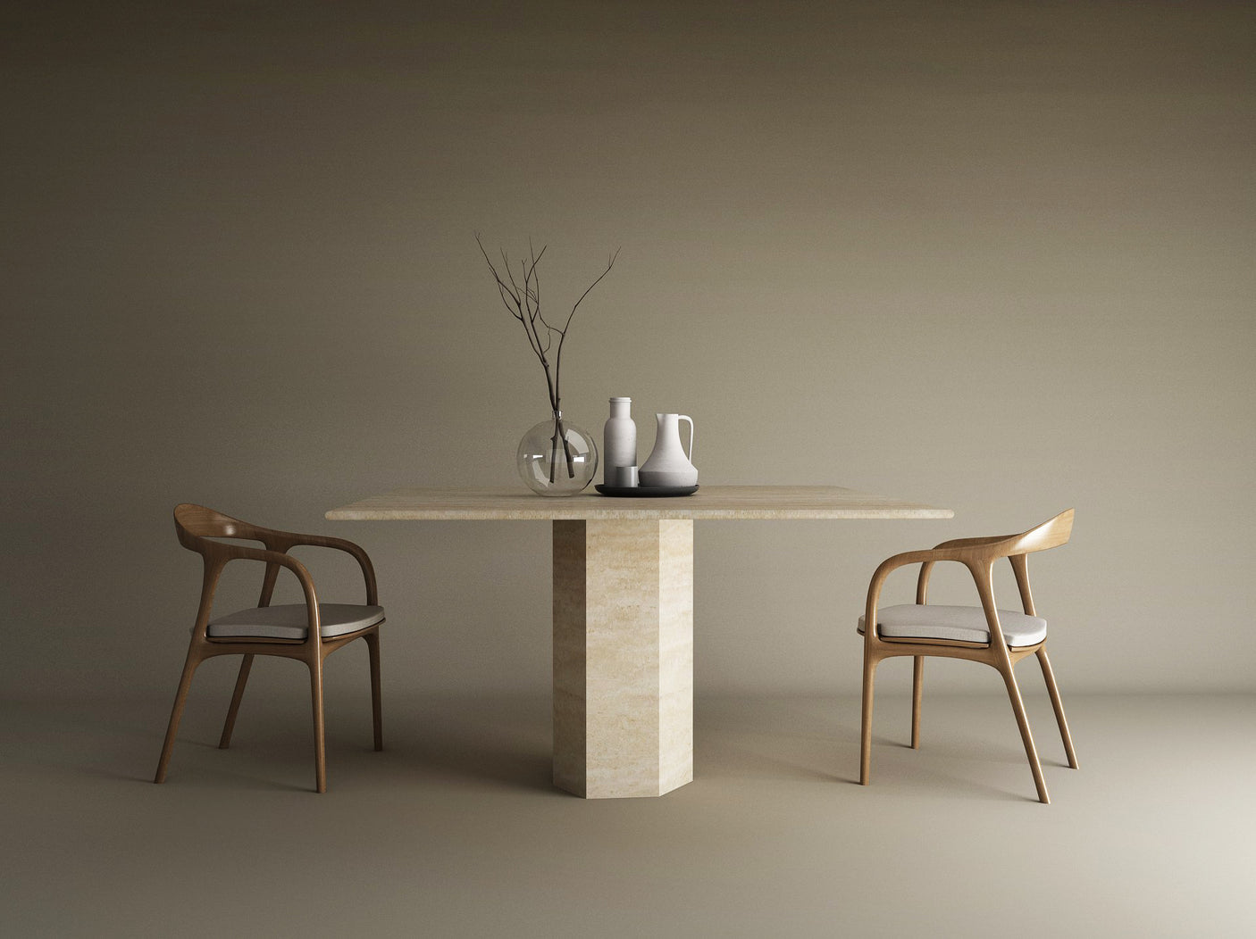 A minimalist dining room showcases the TRAVERTABLE Square Travertine Dining Table with Hexagonal Center Base, paired with two wooden chairs with light cushions and a trio of vases, set against a plain beige background.