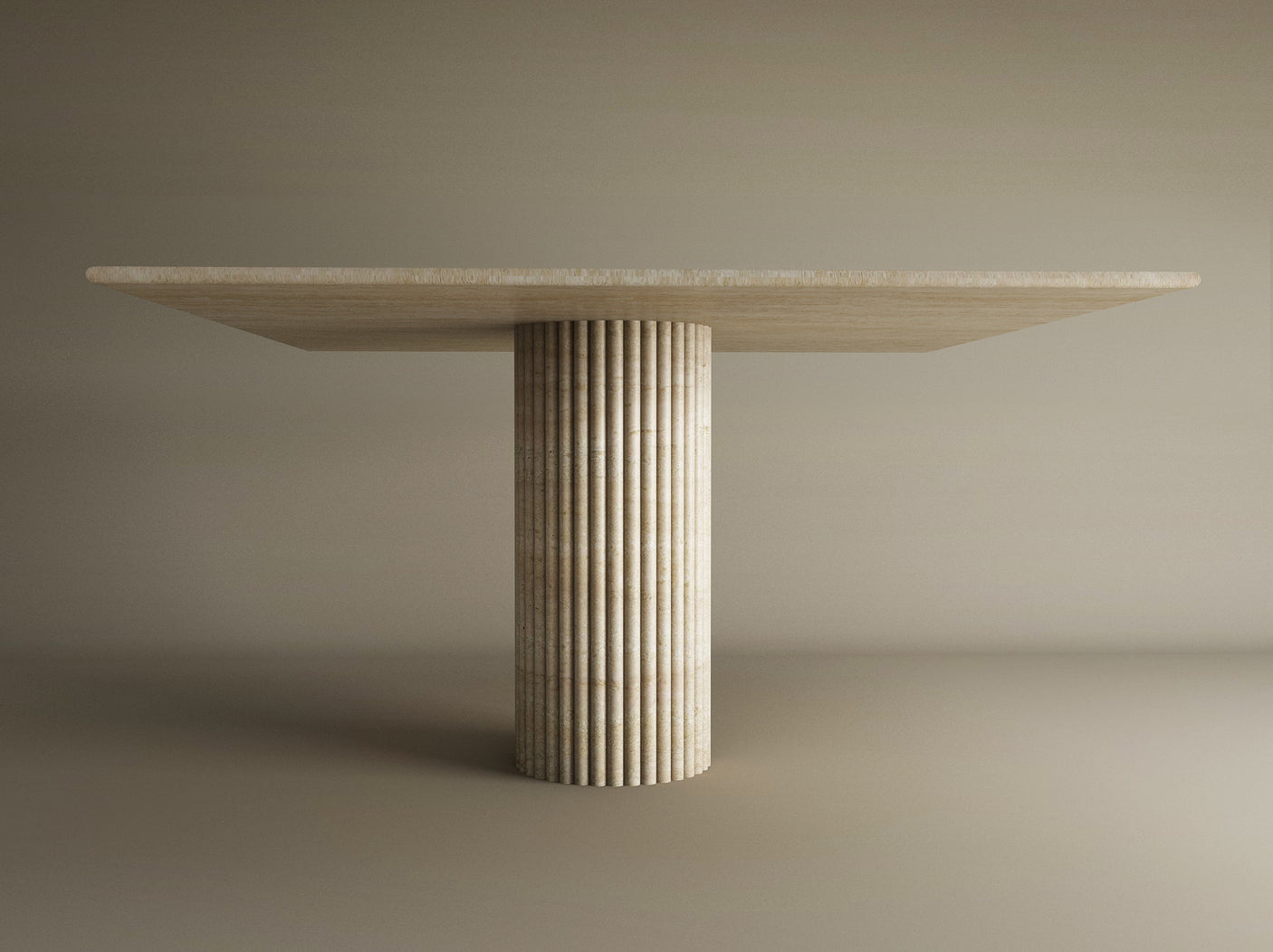 The TRAVERTABLE Square Travertine Dining Table features a flat, light-hued natural stone top and a fluted cylindrical center base, crafted from solid travertine stone and customizable, set against a plain beige background.