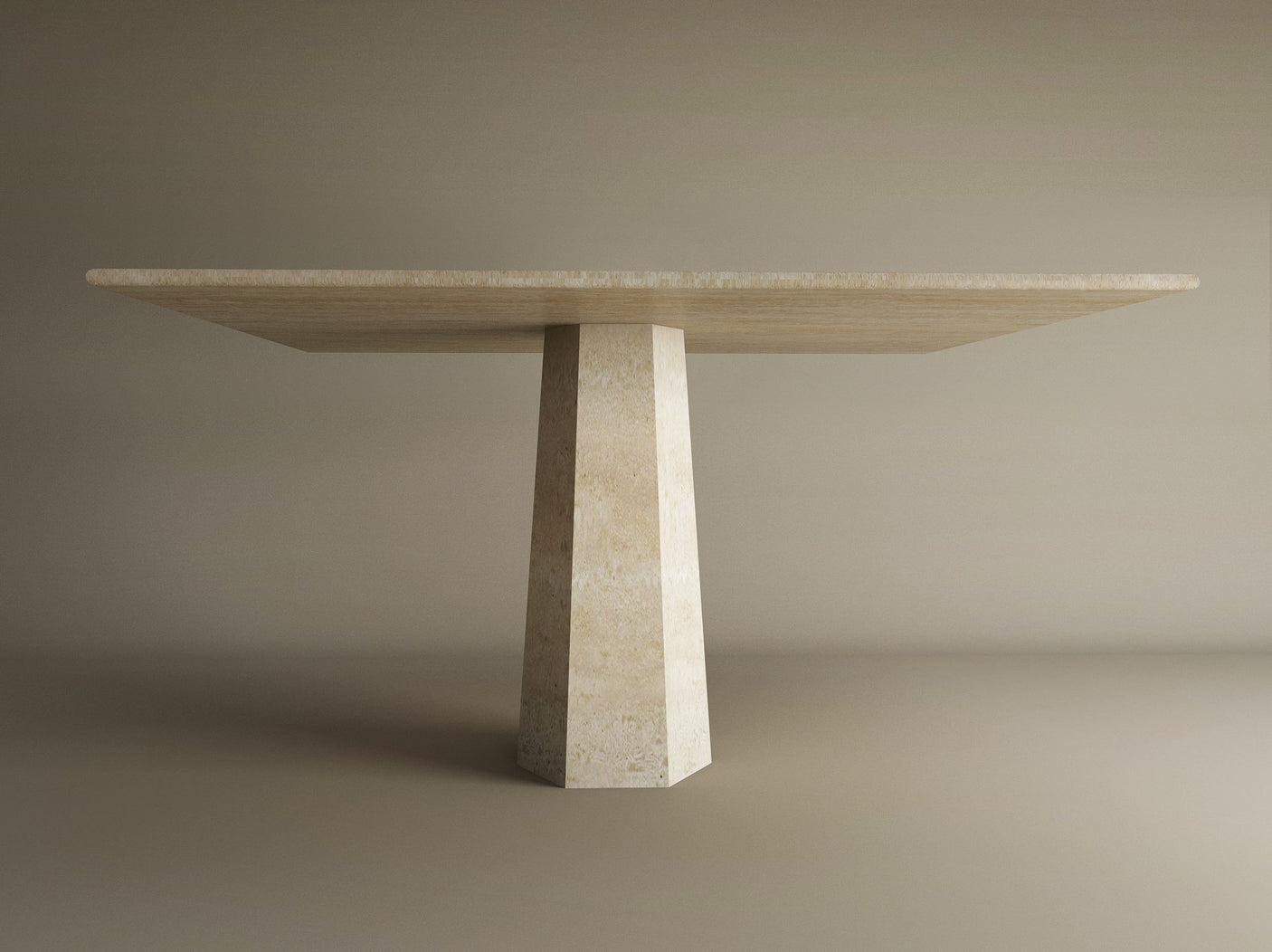 The TRAVERTABLE Square Travertine Dining Table features a thick natural stone top and a wide rockcone pedestal base, set against a plain, neutral background. This customizable dining table combines elegance with sturdy design.