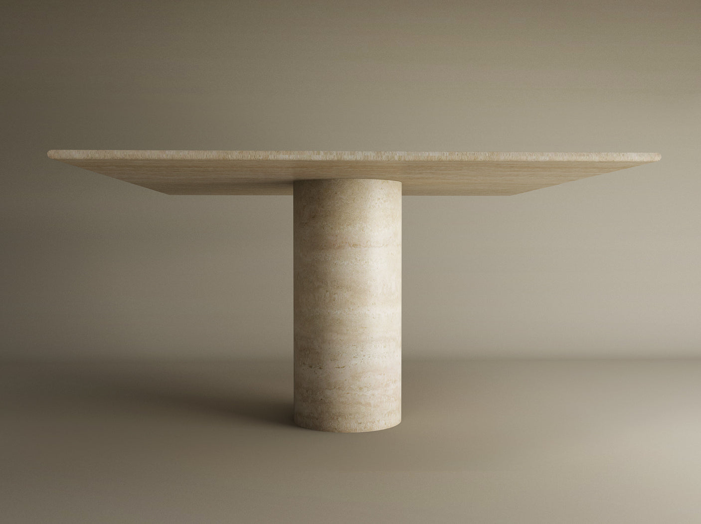The TRAVERTABLE Square Travertine Dining Table features a hand-finished, wide rectangular top and thick cylindrical center base in pure light beige travertine, with natural stone veining, set against a plain neutral background. Customizable design.