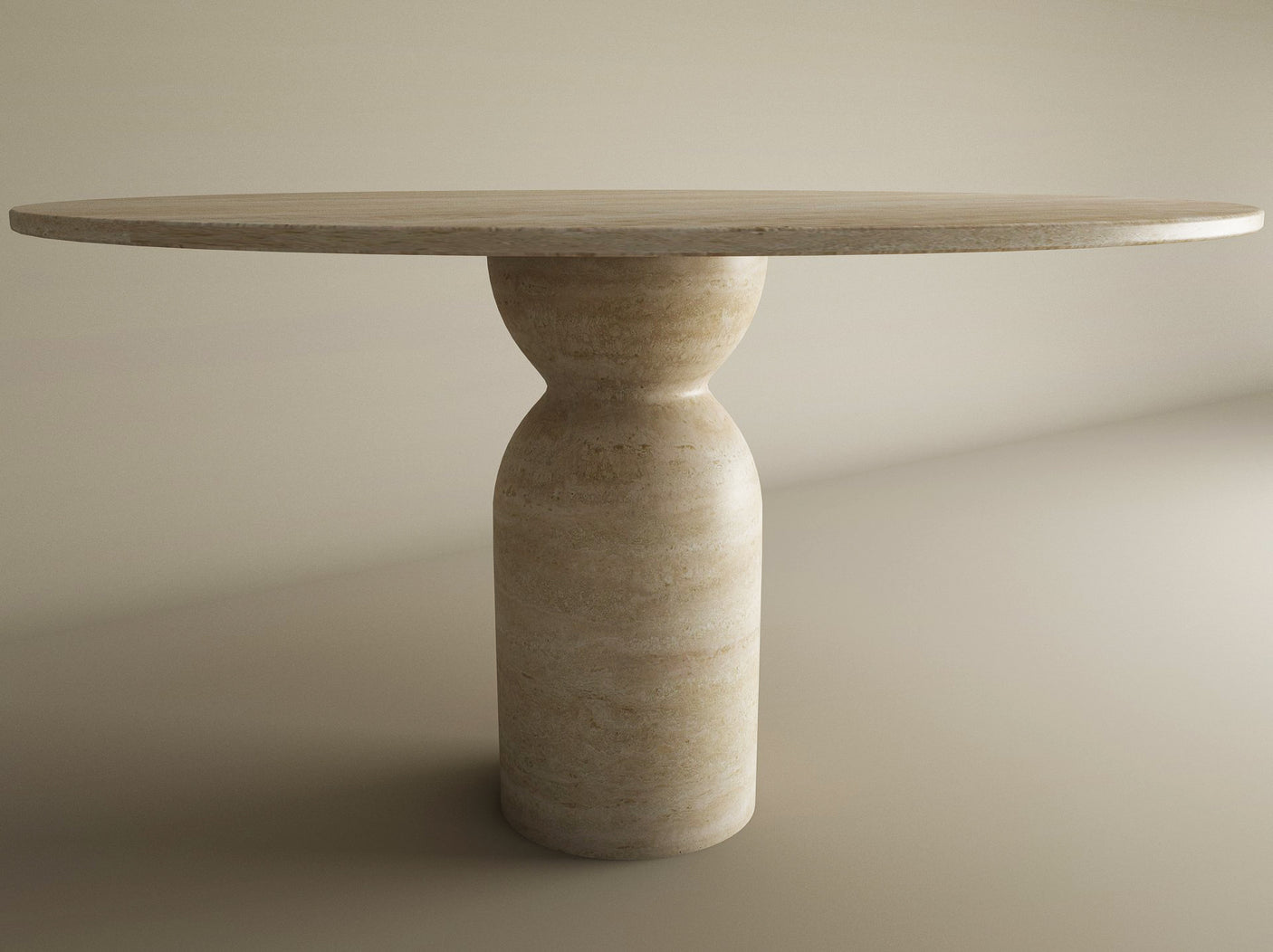 The TRAVERTABLE Oval Travertine Dining Table features an organic beige stone top and a sculptural round center base that narrows in the middle, all with a smooth, polished finish. Customizable and set against a neutral background.