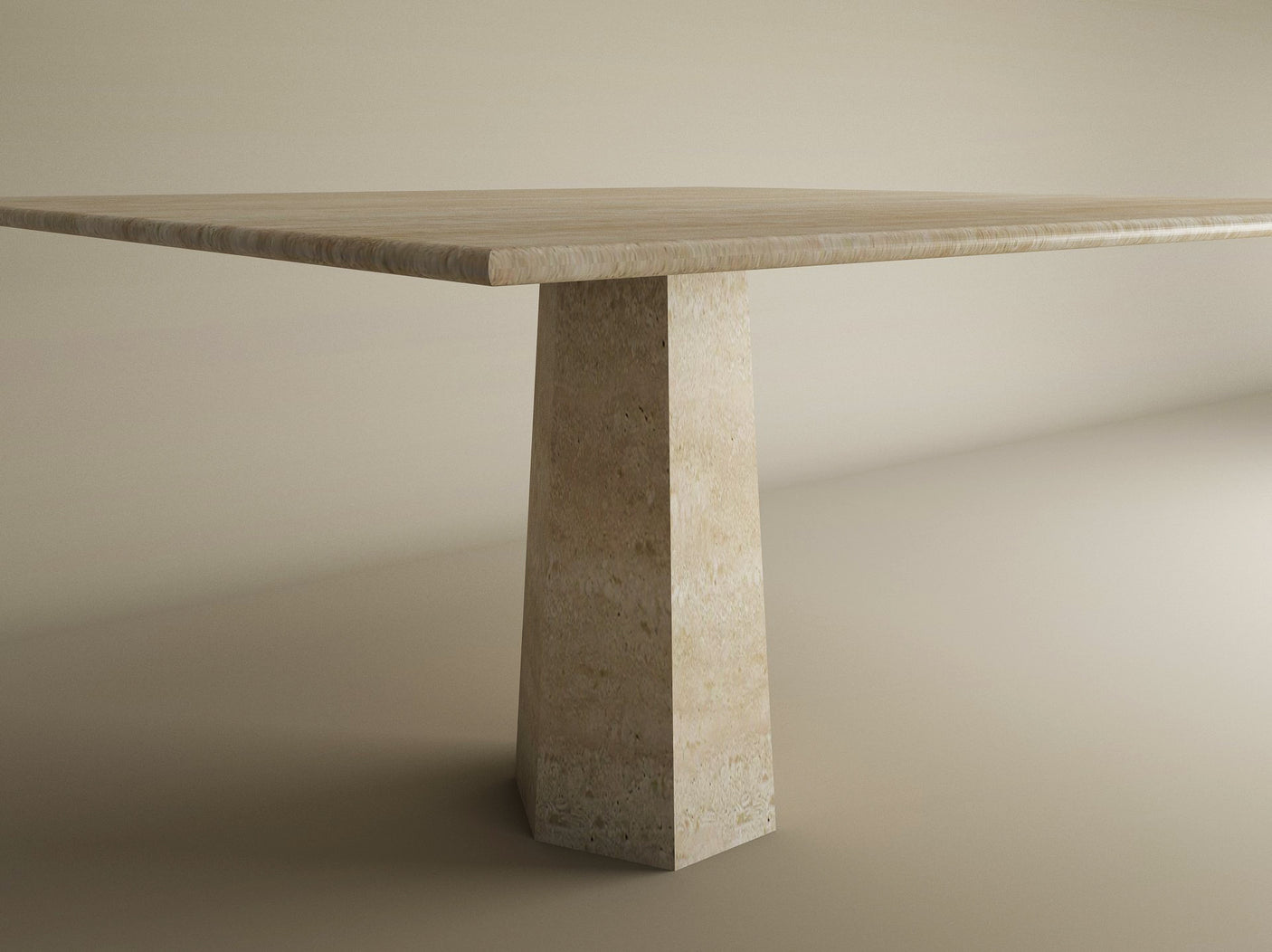 The TRAVERTABLE Square Travertine Dining Table features a natural travertine top and a thick, flat surface on a single rockcone pedestal base. Displayed against a plain, light-colored background. Customizable to fit your dining space.