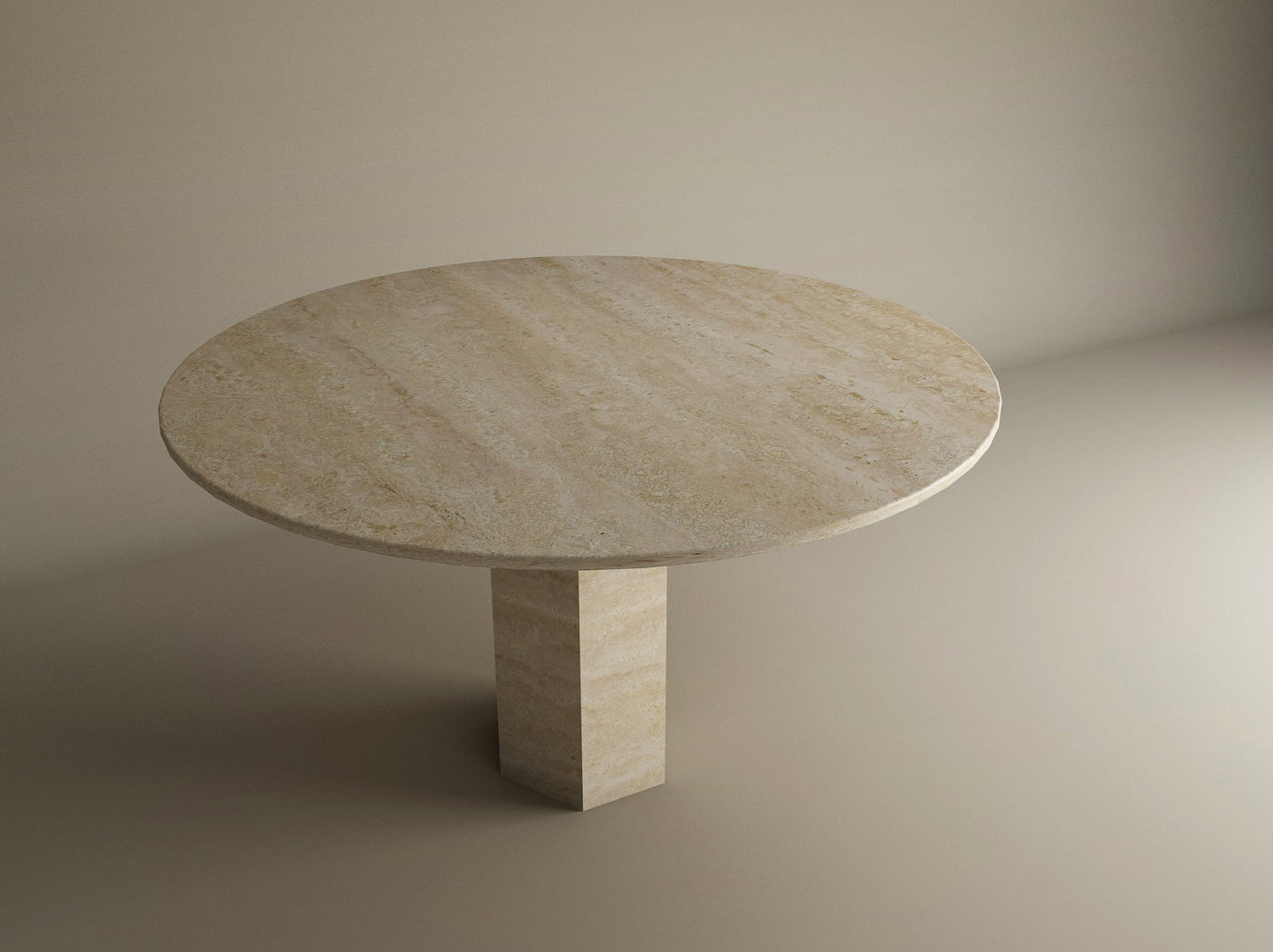 The TRAVERTABLE Oval Travertine Dining Table features geometric elegance with a hexagonal center base, crafted in beige travertine and set against a neutral backdrop. Customizable for your dining space.