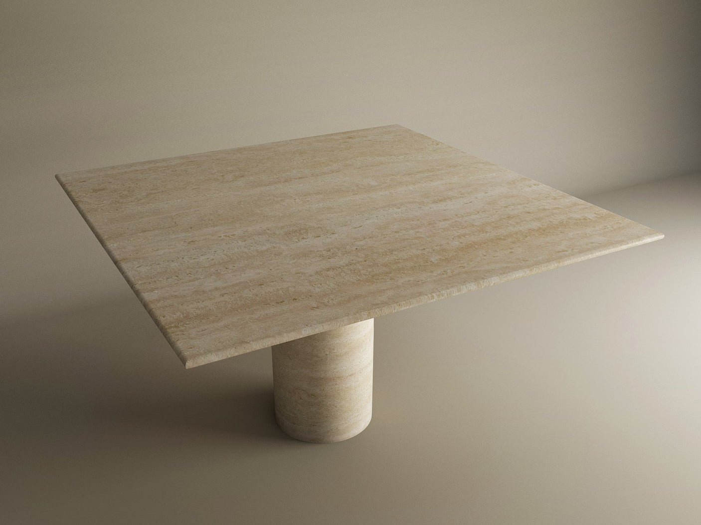 The TRAVERTABLE Square Travertine Dining Table features a thick, flat top and sculptural round center base in organic stone form, showcased against a beige background. Customizable for your dining space.