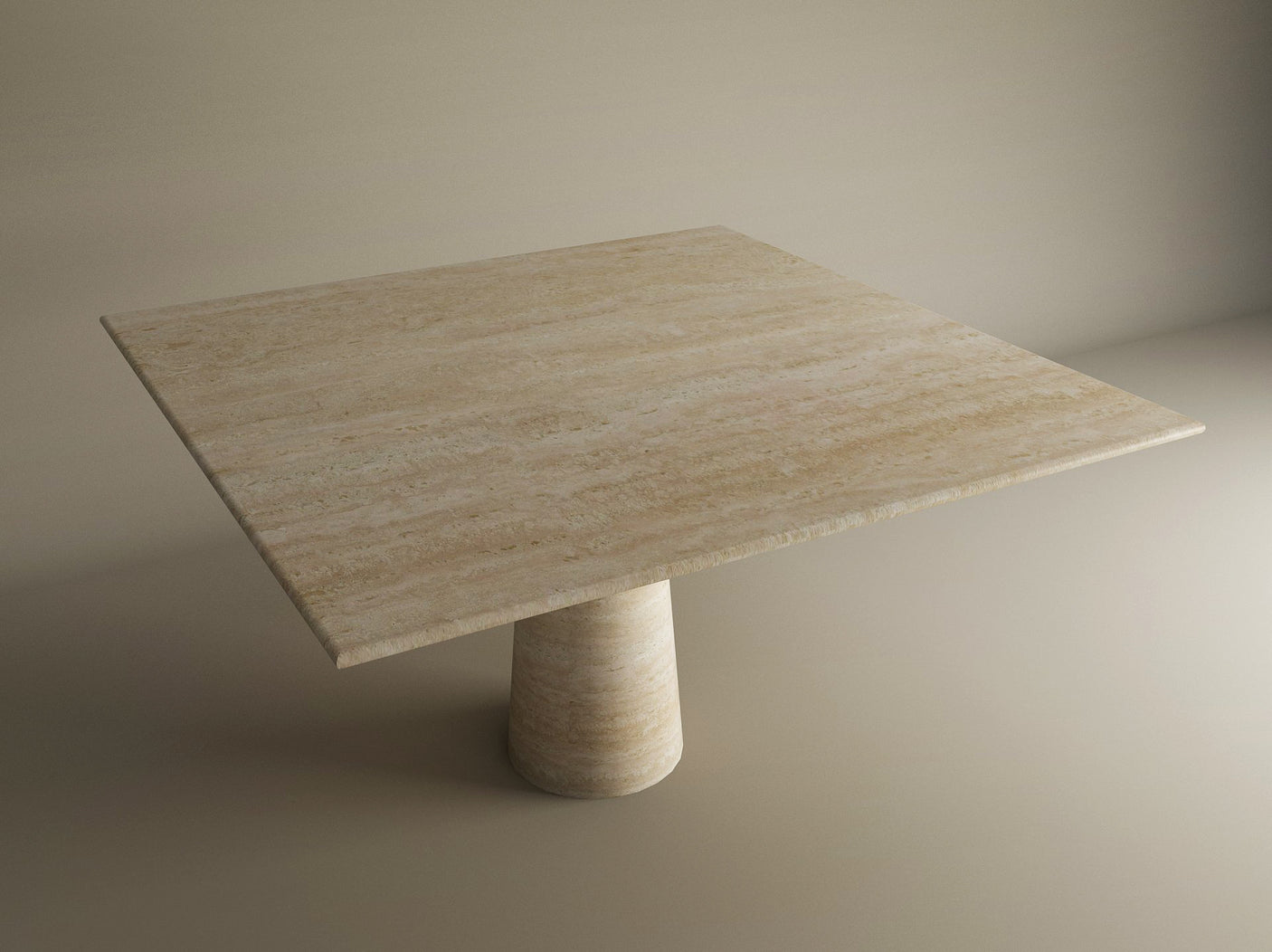 The TRAVERTABLE Square Travertine Dining Table features a beige, polished natural travertine top and a thick conical pedestal base in a minimalist design—customizable to suit your space.