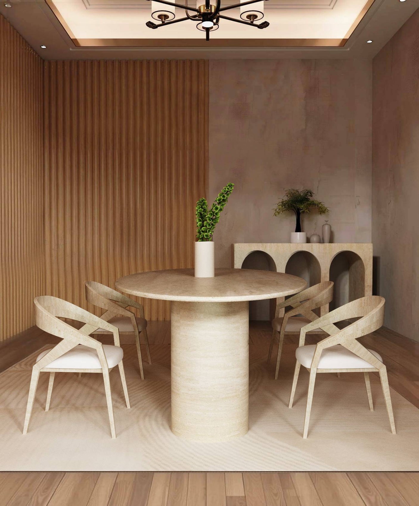 A modern dining room features the TRAVERTABLE Ellips Travertine Dining Table with Sloped Pedestal Base, four curved-back chairs, a white vase with green leaves, a wooden slat wall, and a sideboard topped with decorative plants.