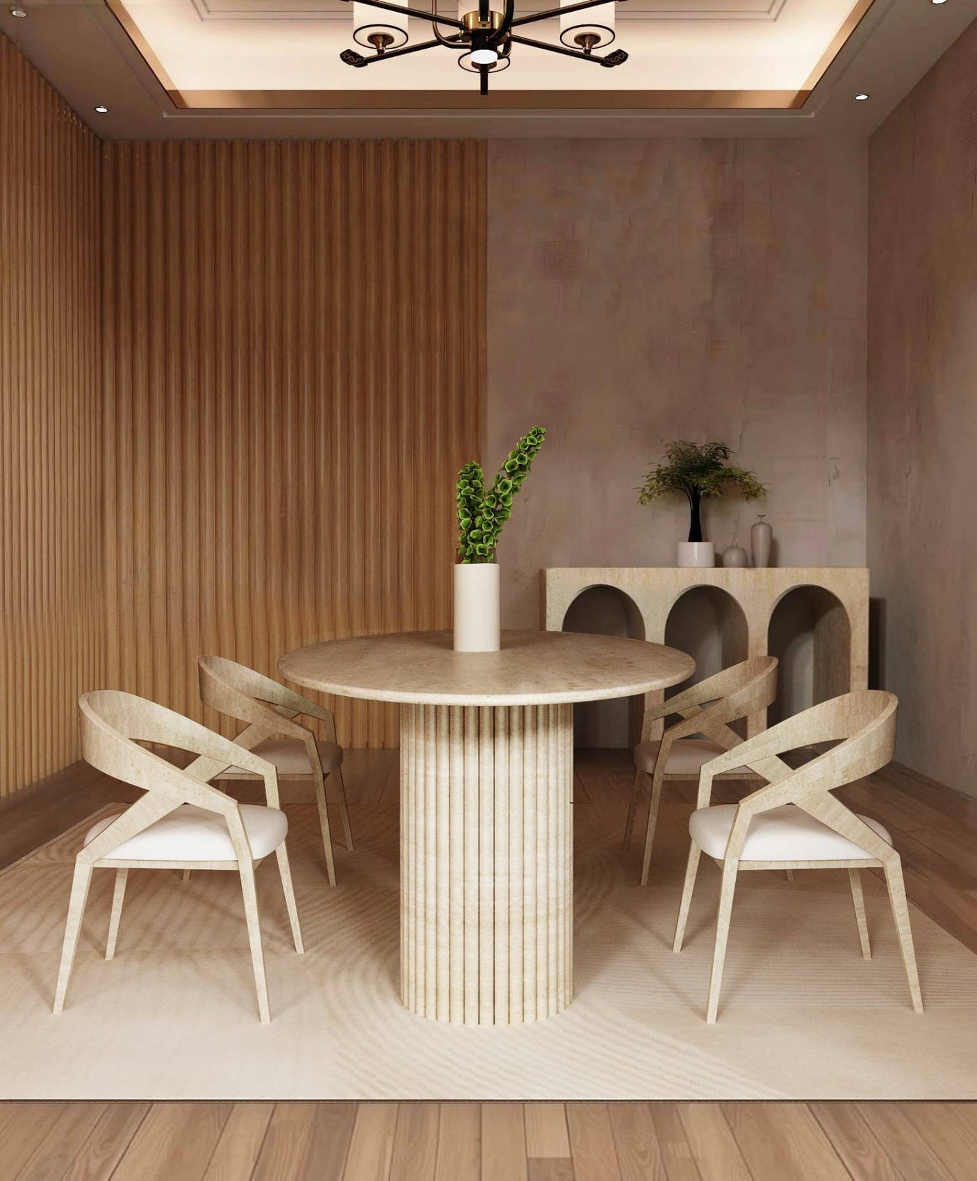 A minimal dining room highlights the TRAVERTABLE Ellips Travertine Dining Table with Vertical Groove Base, four matching chairs, a ribbed wood accent wall, an arched sideboard, a potted plant centerpiece, and a ceiling light fixture.