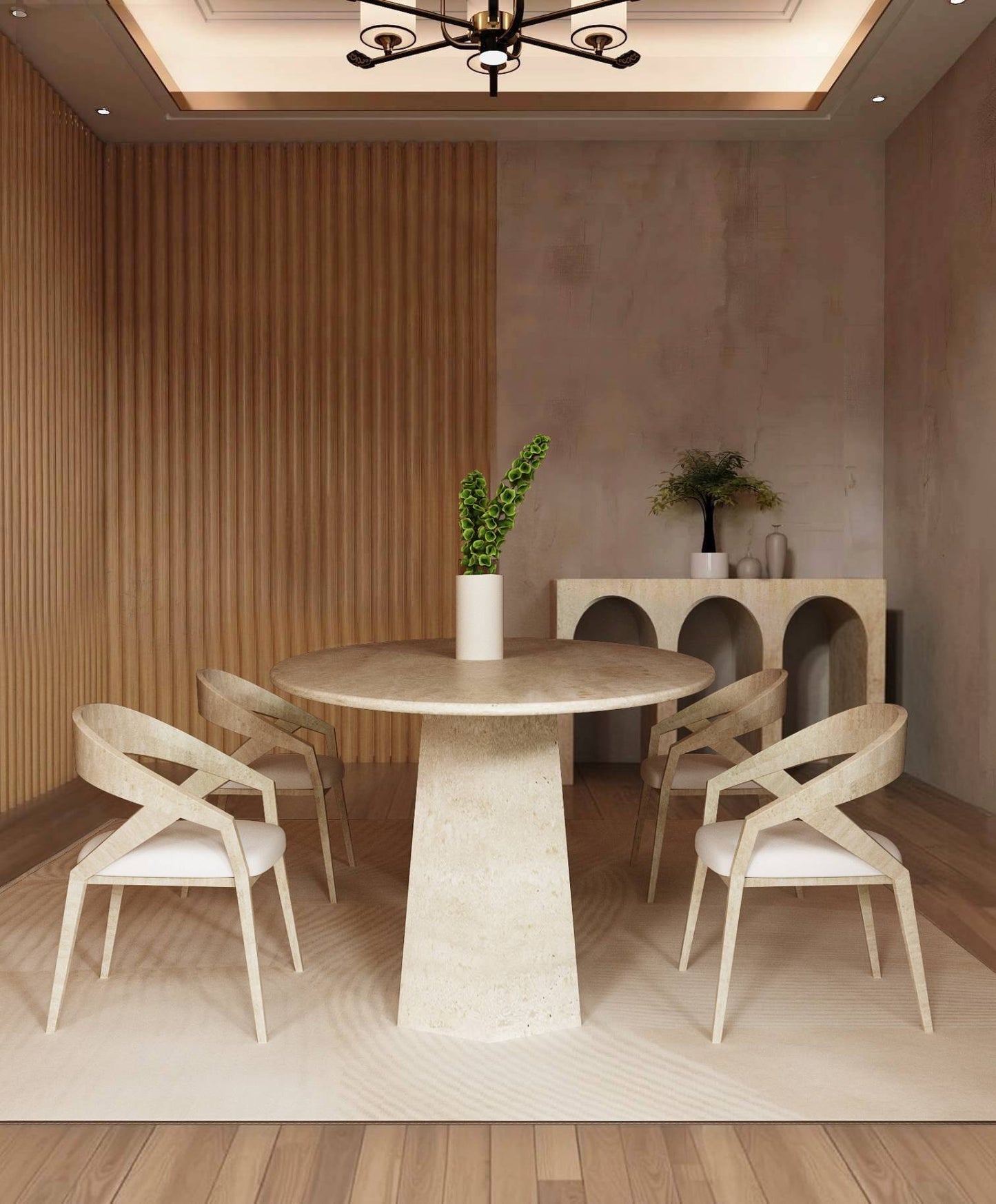 Ellips Travertine Dining Table with Tapered Round Base – Solid Travertine Stone Base – Customizable Dining Table
