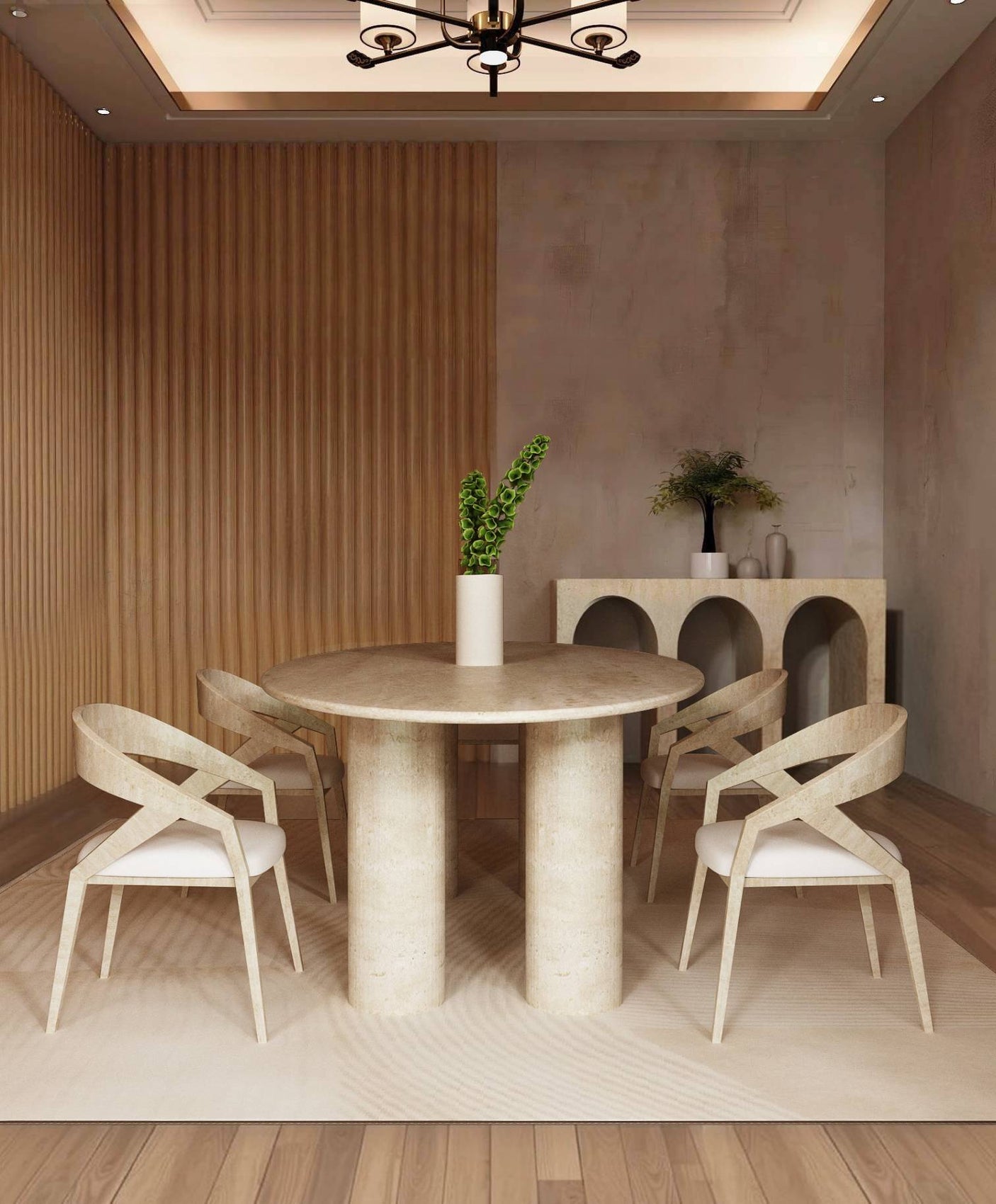 A minimalist dining room features the TRAVERTABLE Ellips Travertine Dining Table with Cylindrical Pure Travertine Stone Base, four matching chairs, a textured wood accent wall, sideboard with decor, potted plant, and modern ceiling light.
