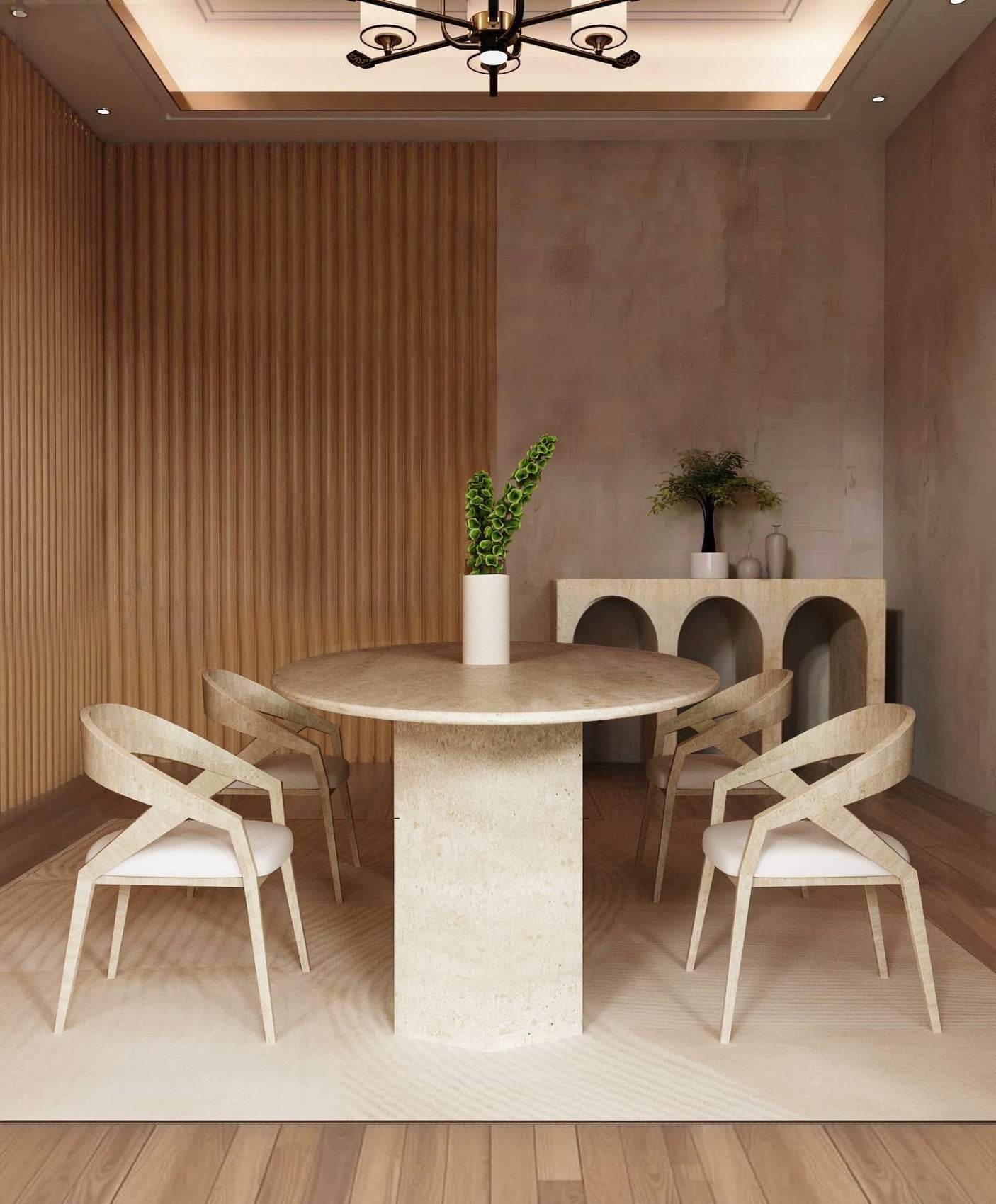 Minimalist dining room with a TRAVERTABLE Ellips Travertine Dining Table featuring a hexagonal stone base, four modern chairs, white vase with greenery, arched sideboard, and light wood wall paneling.