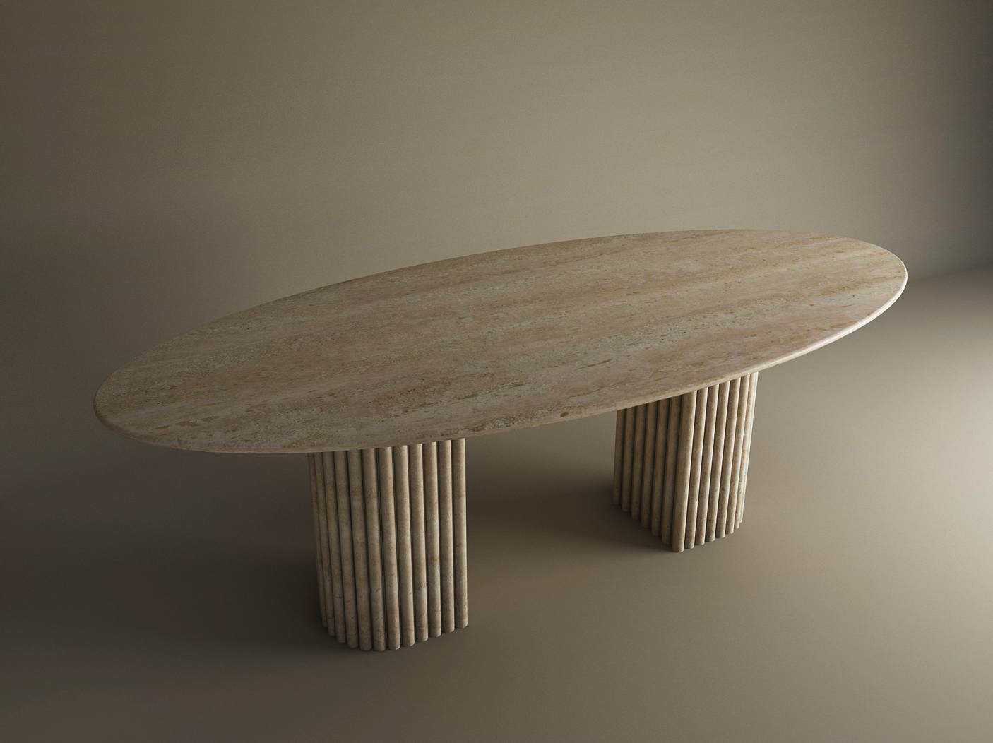The TRAVERTABLE Ellips Travertine Dining Table features an oval natural stone tabletop and two fluted cylindrical bases, crafted from solid travertine and customizable to fit your style.