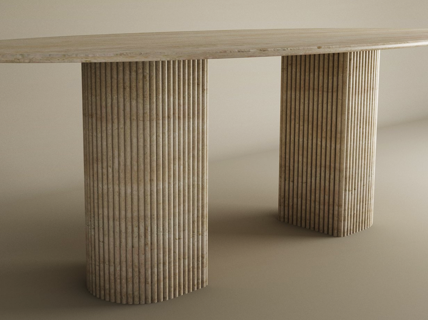 The TRAVERTABLE Ellips Travertine Dining Table features a natural solid travertine stone top and two fluted round bases, shown on a neutral surface against a plain background. This customizable piece combines elegance with sturdy design.