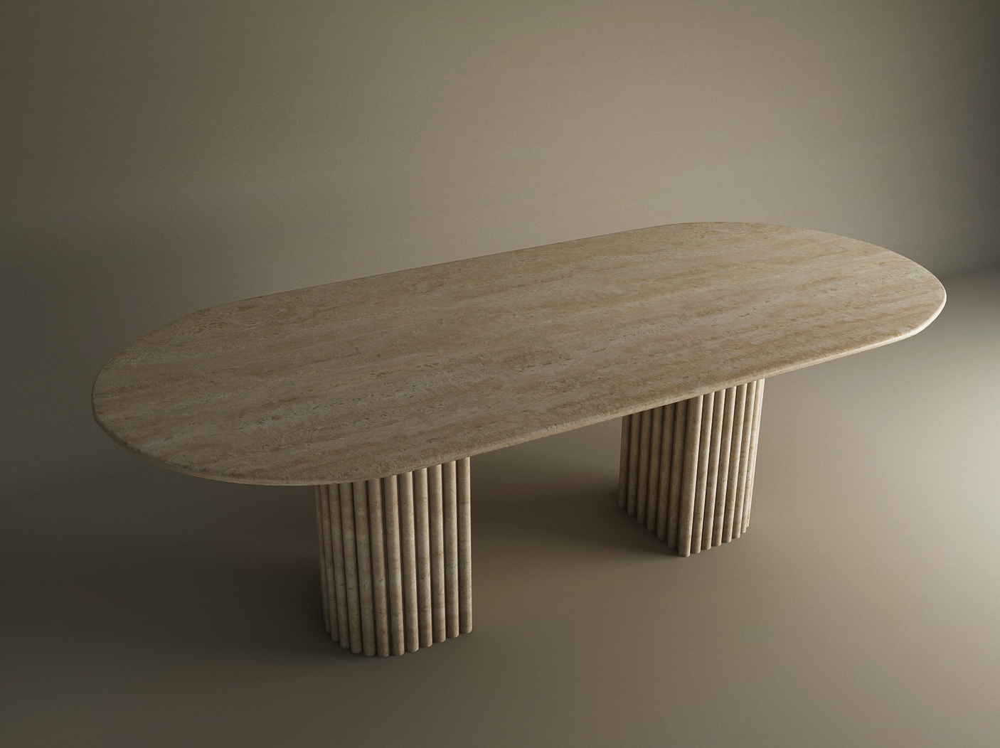 The TRAVERTABLE Oval Travertine Dining Table features a solid travertine stone base with fluted round legs and a stone-like top, customizable to your style, shown in soft lighting against a neutral background for an heirloom-quality look.