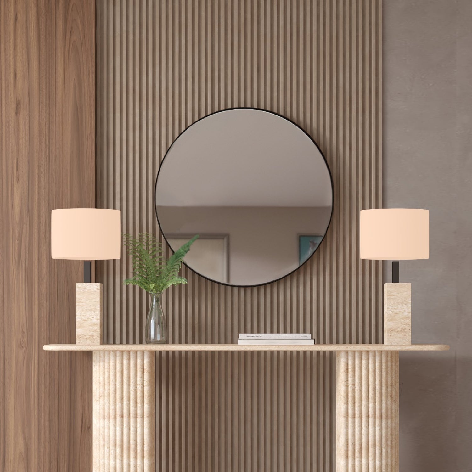 Rectangular Travertine Console Table with Fluted Round Base – Solid Travertine Stone Base