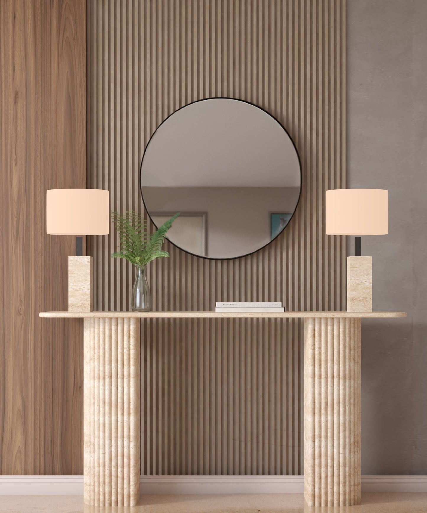 Rectangular Travertine Console Table with Fluted Round Base – Solid Travertine Stone Base – Customizable Console Table
