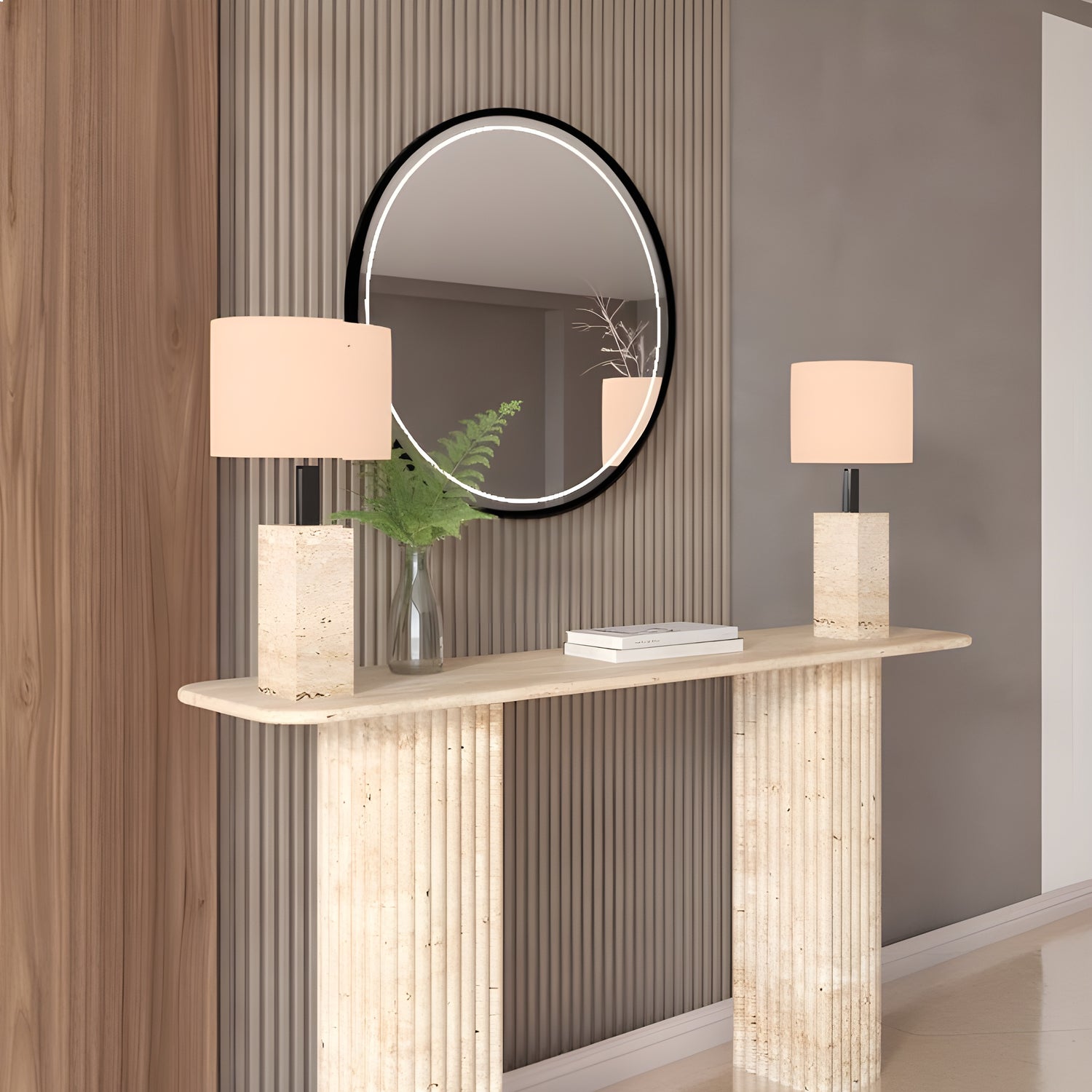 Rectangular Travertine Console Table with Fluted Round Base – Solid Travertine Stone Base