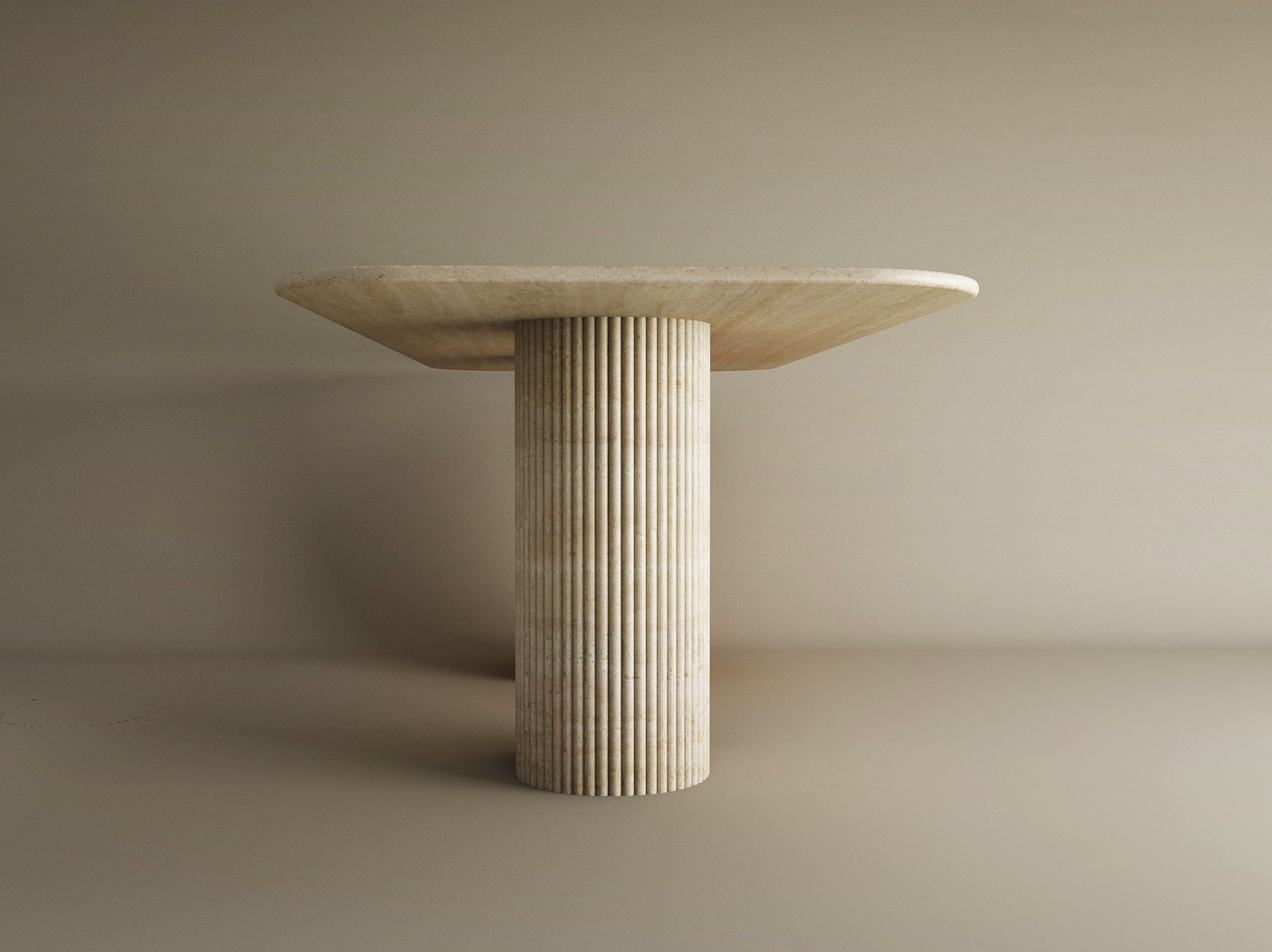 The TRAVERTABLE Rectangular Travertine Dining Table showcases a fluted round solid stone base and smooth rectangular top, customizable to fit your space, styled here against a plain beige background.