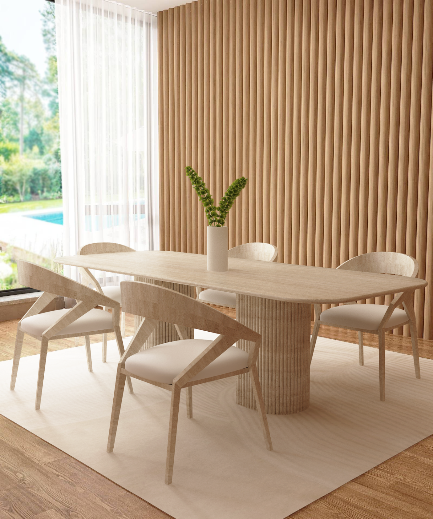 A modern dining room showcases the TRAVERTABLE Rectangular Travertine Dining Table with Fluted Round Base, four matching chairs, a white vase with green leaves, beige vertical wall panels, a large window, and views of the garden and pool.