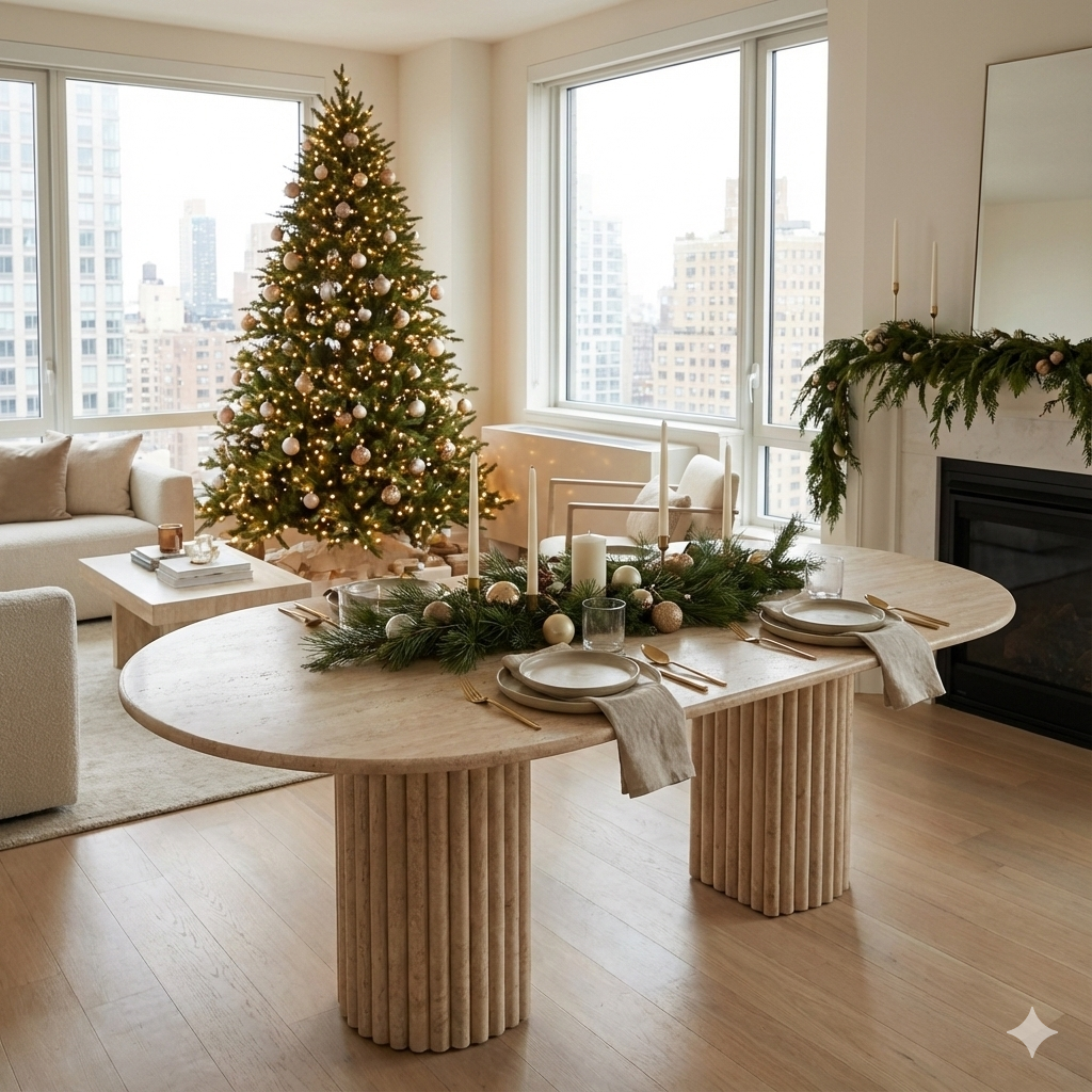 Oval Travertine Dining Table with Fluted Round Base