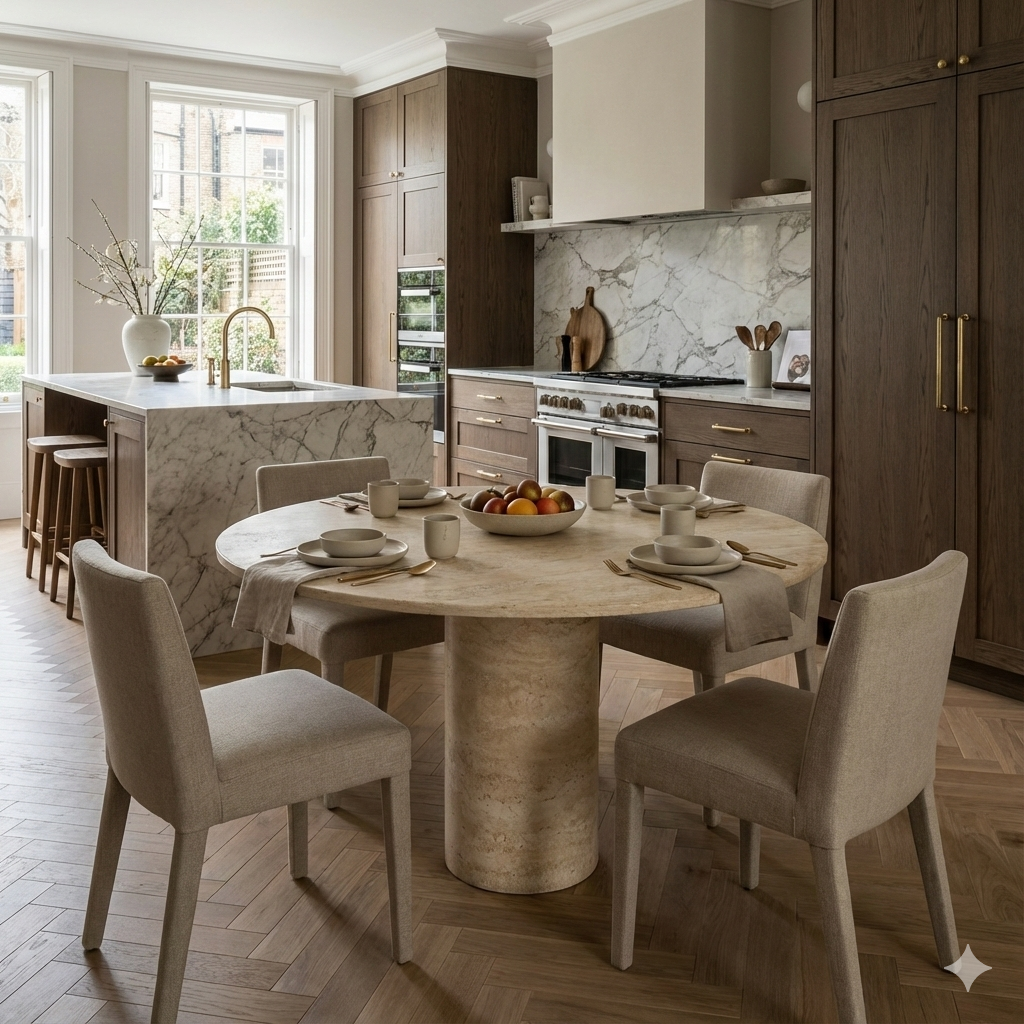 Round Travertine Dining Table with Cylindrical Center Base