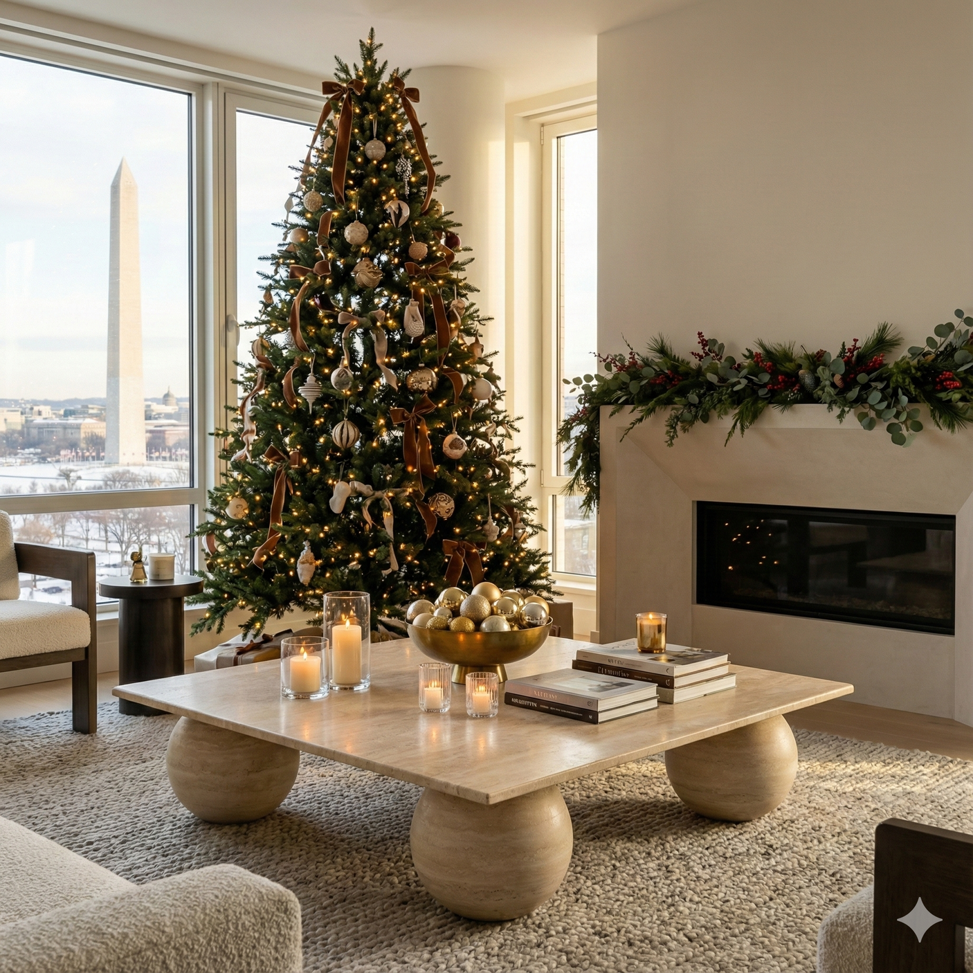 Square Travertine Coffee Table with Stone Ball Base