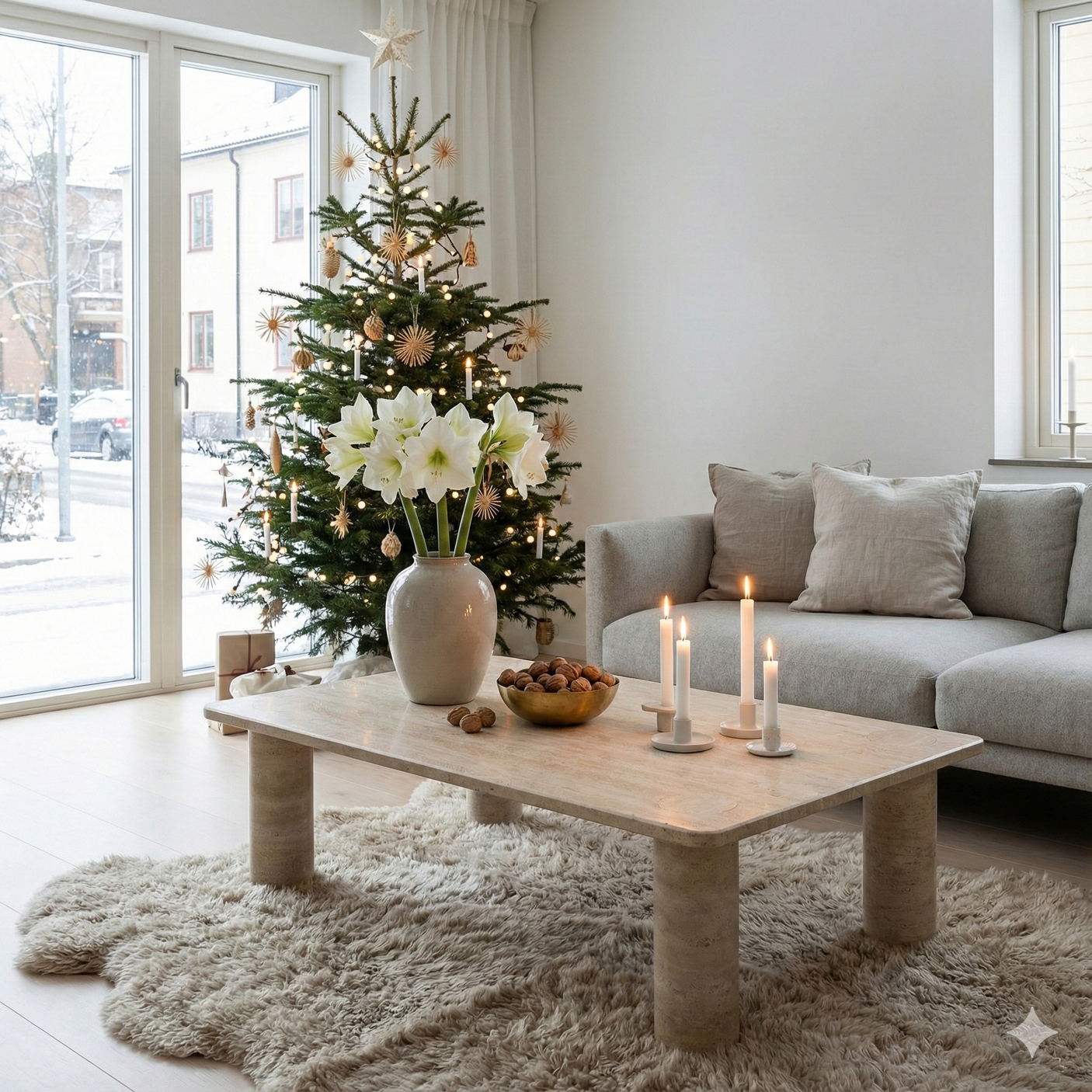 Rectangular Travertine Coffee Table with Solid Cylindrical Base