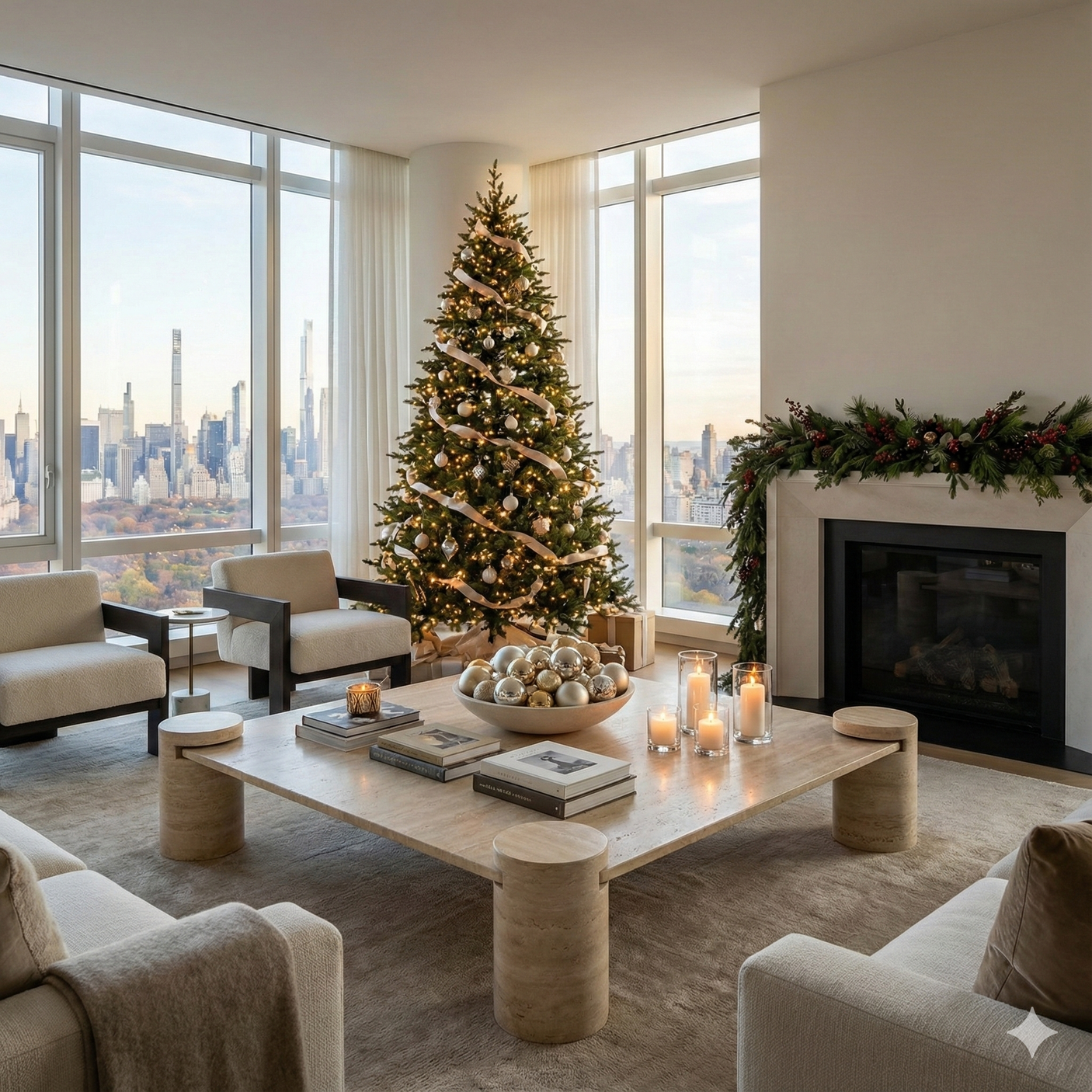 Square Travertine Coffee Table with Cylindrical Legs