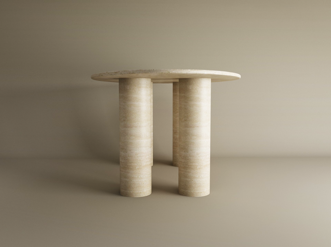 The TRAVERTABLE Ellips Travertine Dining Table features a pure travertine stone tabletop and two thick cylindrical bases, shown in round beige with heirloom quality. The customizable design is set against a plain beige background.