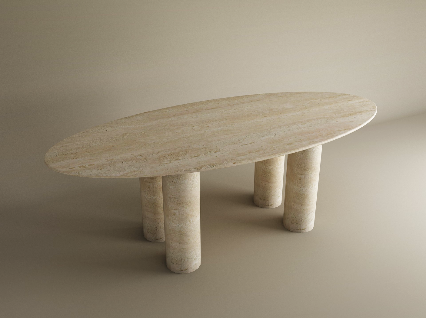 The TRAVERTABLE Ellips Travertine Dining Table features a smooth, oval pure travertine stone top and four cylindrical bases, all in matching beige travertine for an heirloom look. Customizable and set against a neutral background.