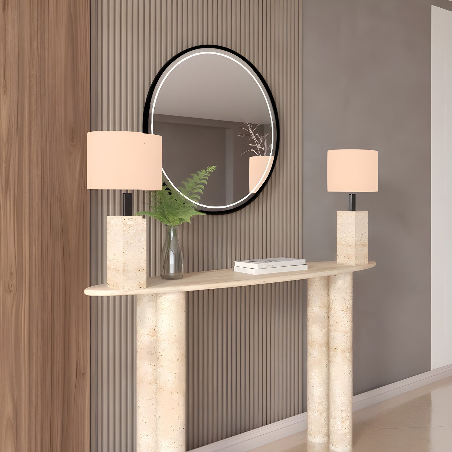 Ellips Travertine Console Table with Cylindrical Base – Pure Travertine Stone Base