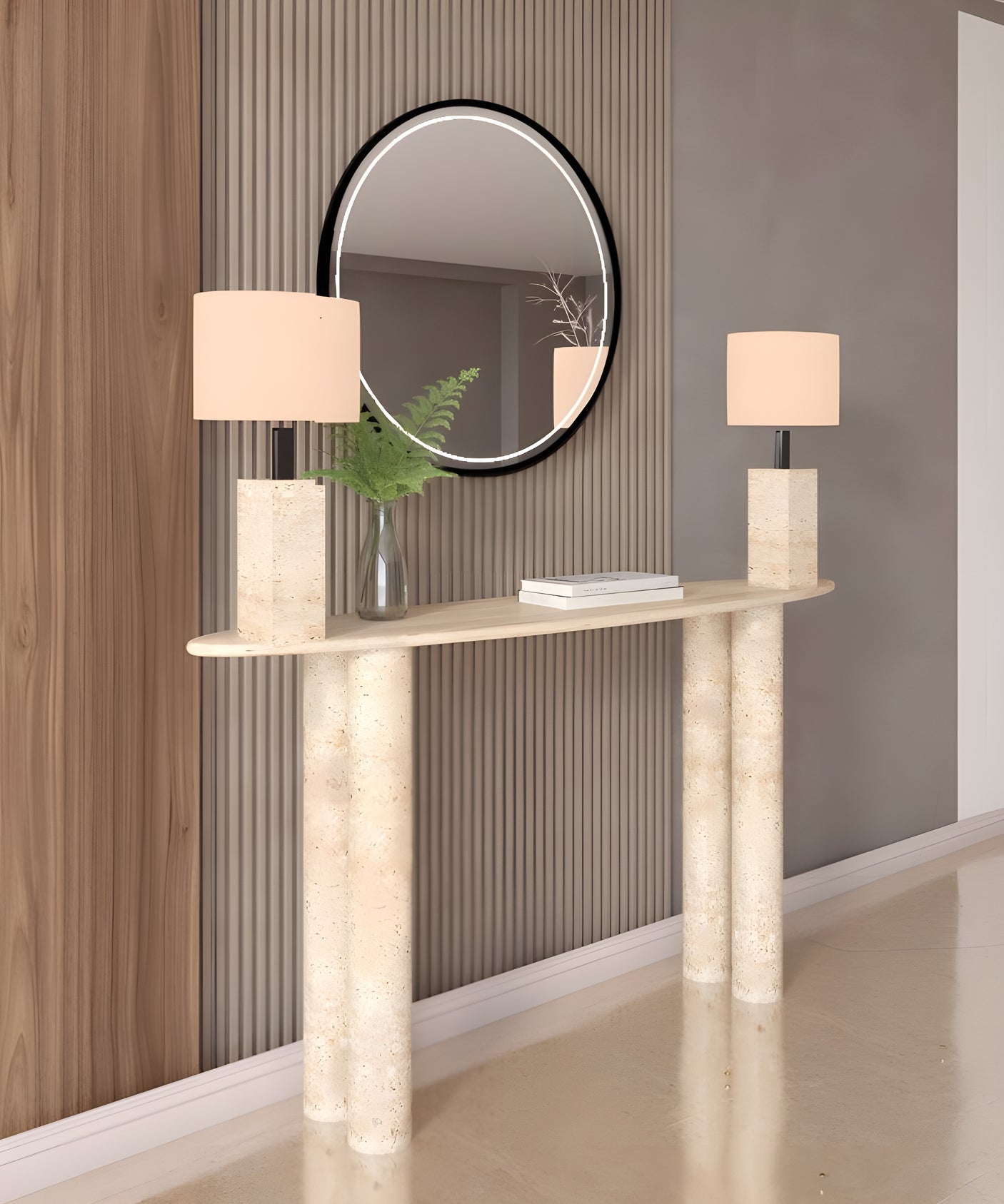 Ellips Travertine Console Table with Cylindrical Base – Pure Travertine Stone Base