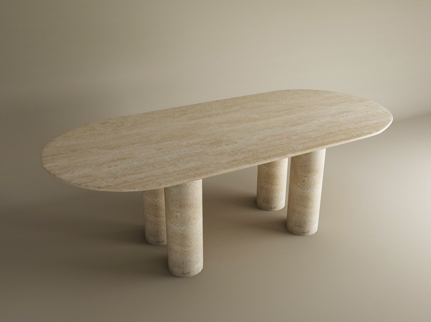 The TRAVERTABLE Oval Travertine Dining Table features a natural stone tabletop with four thick cylindrical bases, all in beige travertine, displayed on a matching surface against a plain beige background. Customizable and heirloom-quality.