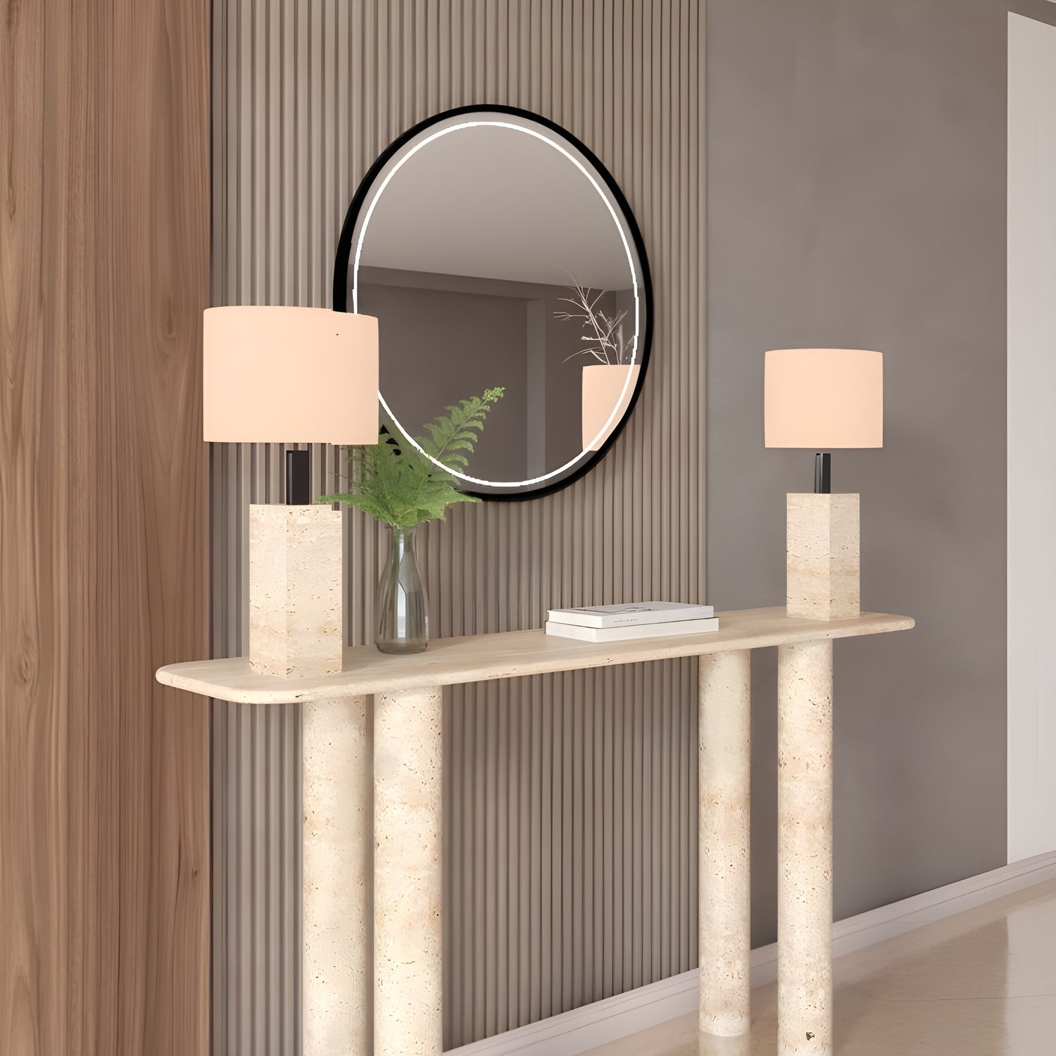Rectangular Travertine Console Table with Cylindrical Base – Pure Travertine Stone Base