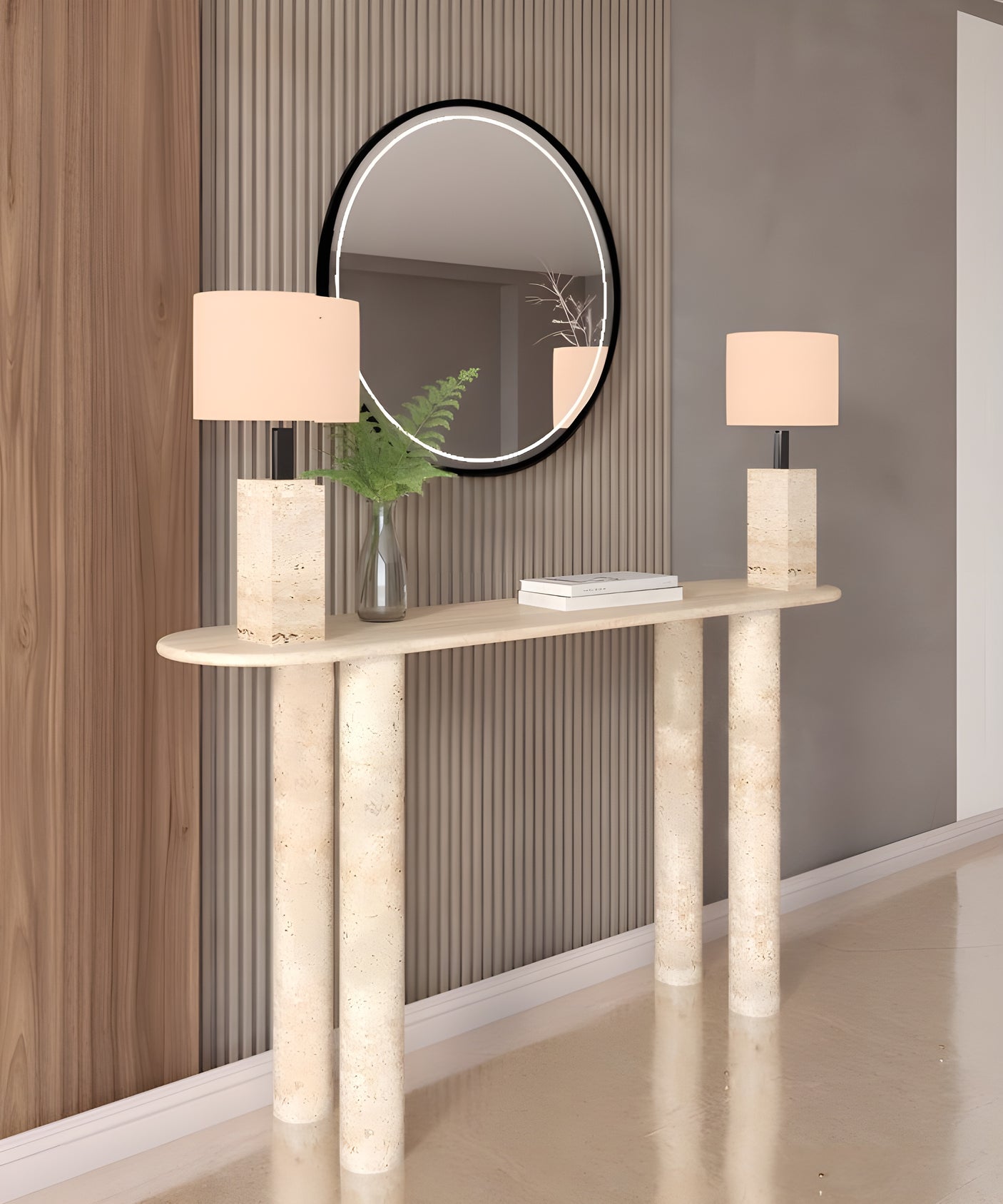 Ovale Travertine Console Table with Cylindrical Base – Pure Travertine Stone Base